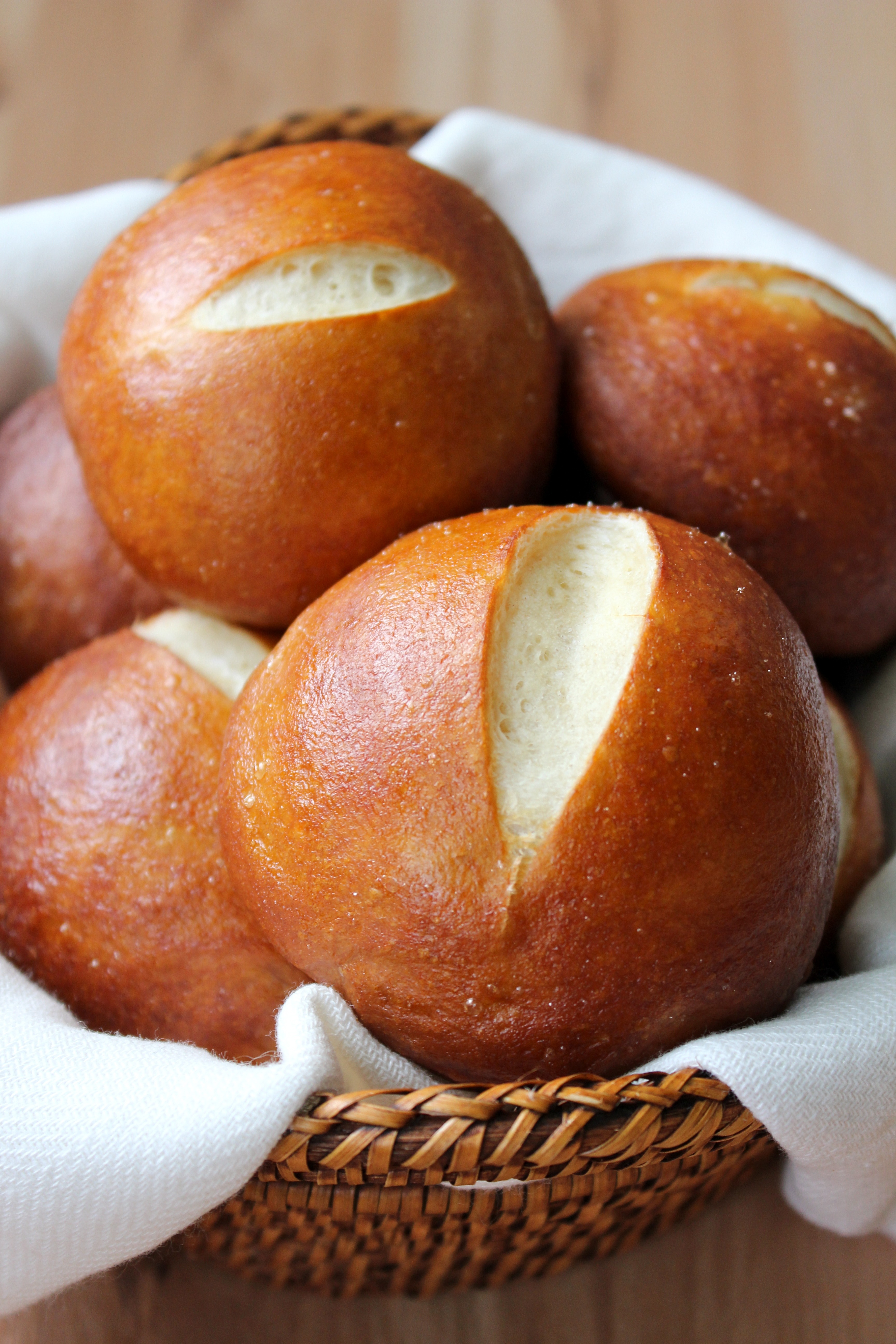 Pretzel slider buns in a bread basket