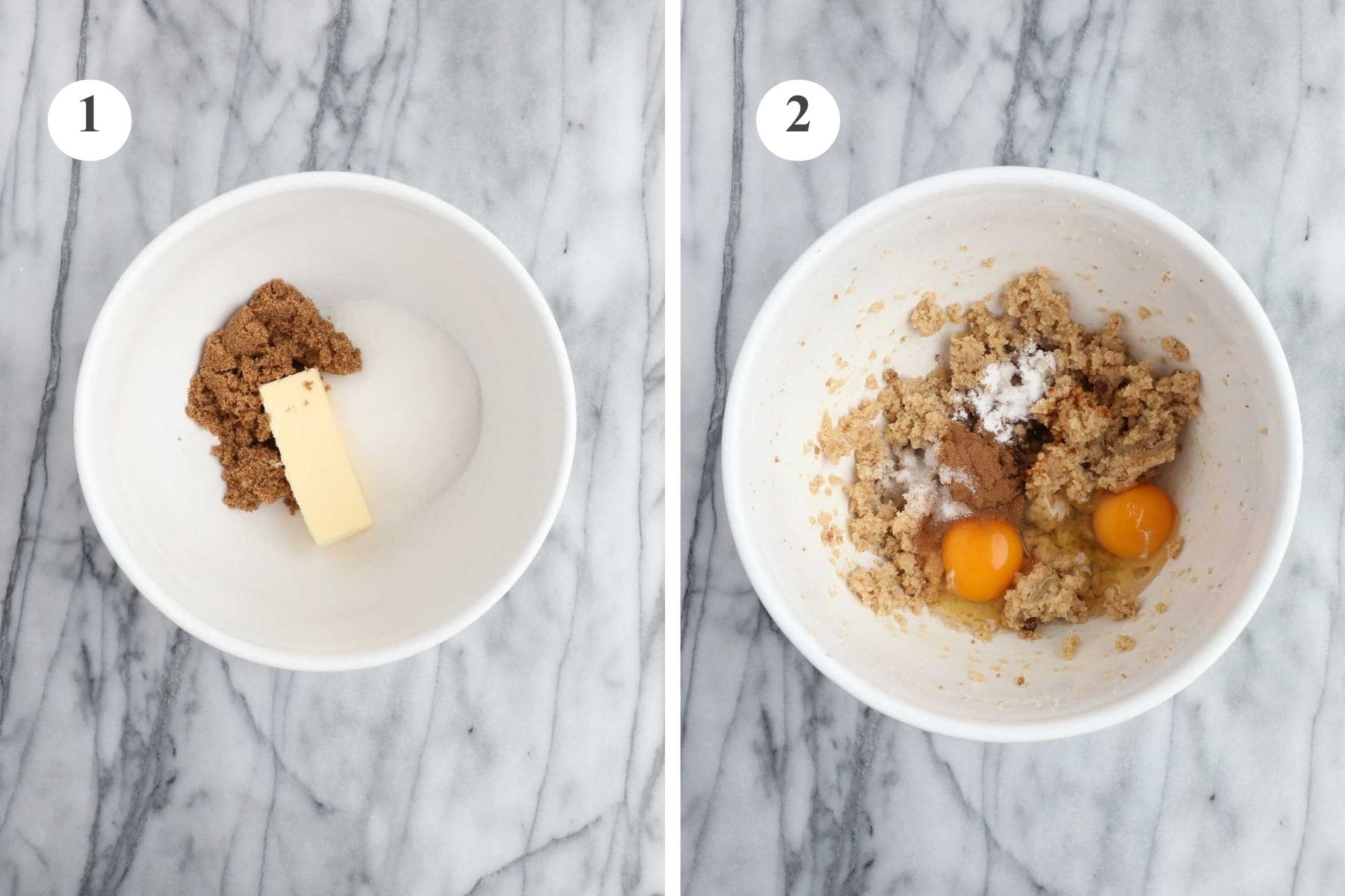 A mixing bowl with butter and sugar next to an image of the bowl with ingredients combined as well as eggs, vanilla, cinnamon, salt, baking soda and baking powder added.