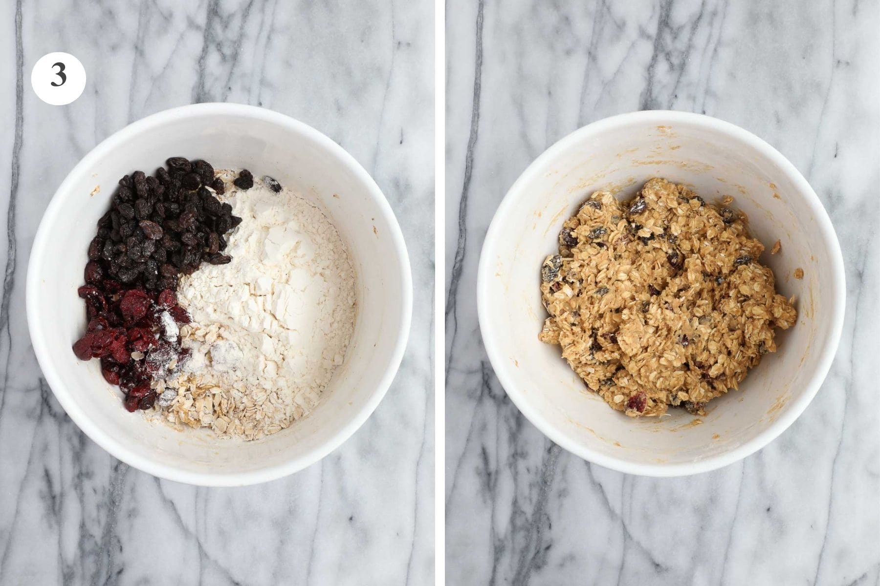 A mixing bowl with the cookie dough plus flour, oats, raisins, and cranberries added. A bowl with the fully combined cookie dough.