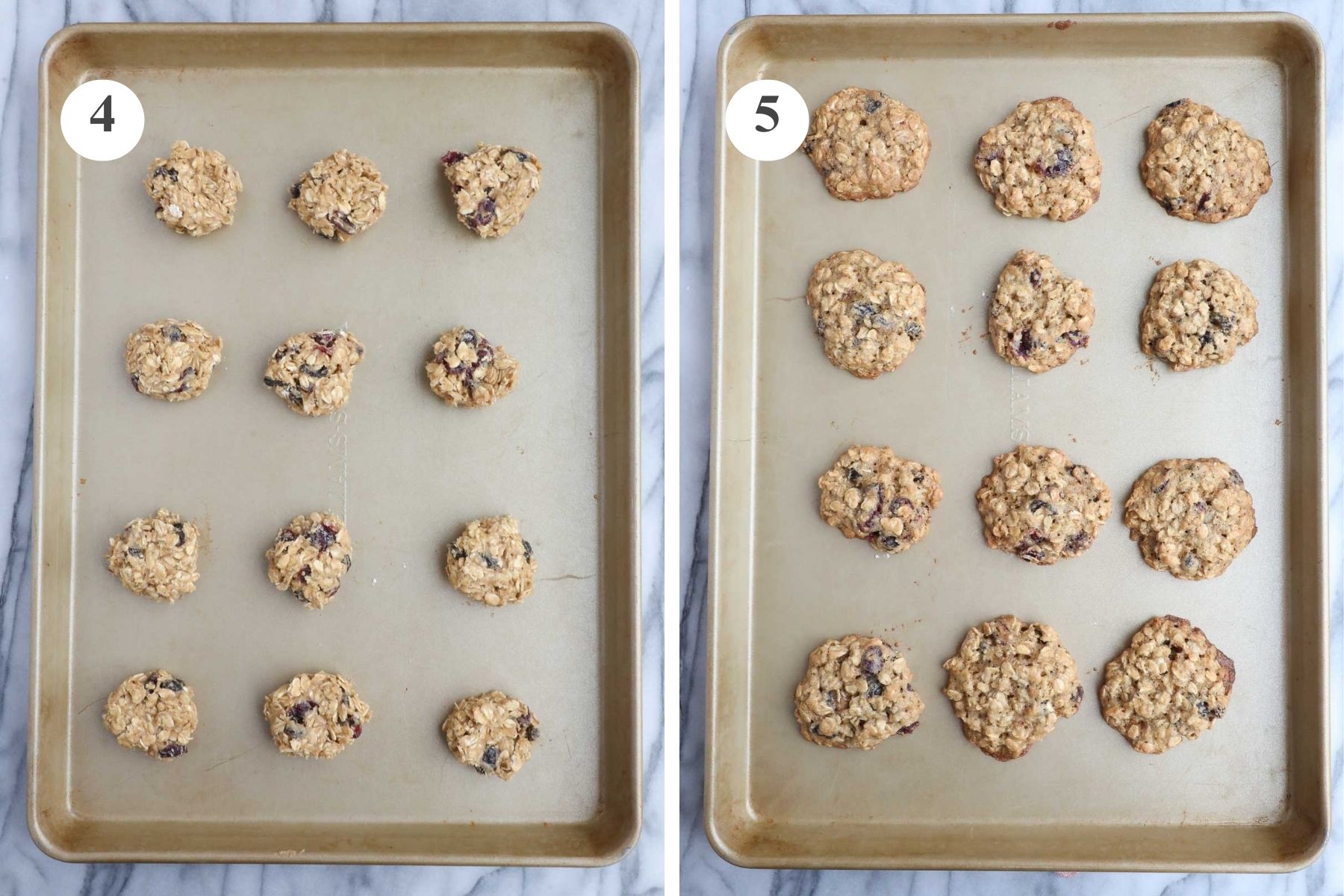 A baking sheet with cookie before and after being baked.