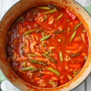 The finished Chicken Cacciatore in a Dutch Oven.