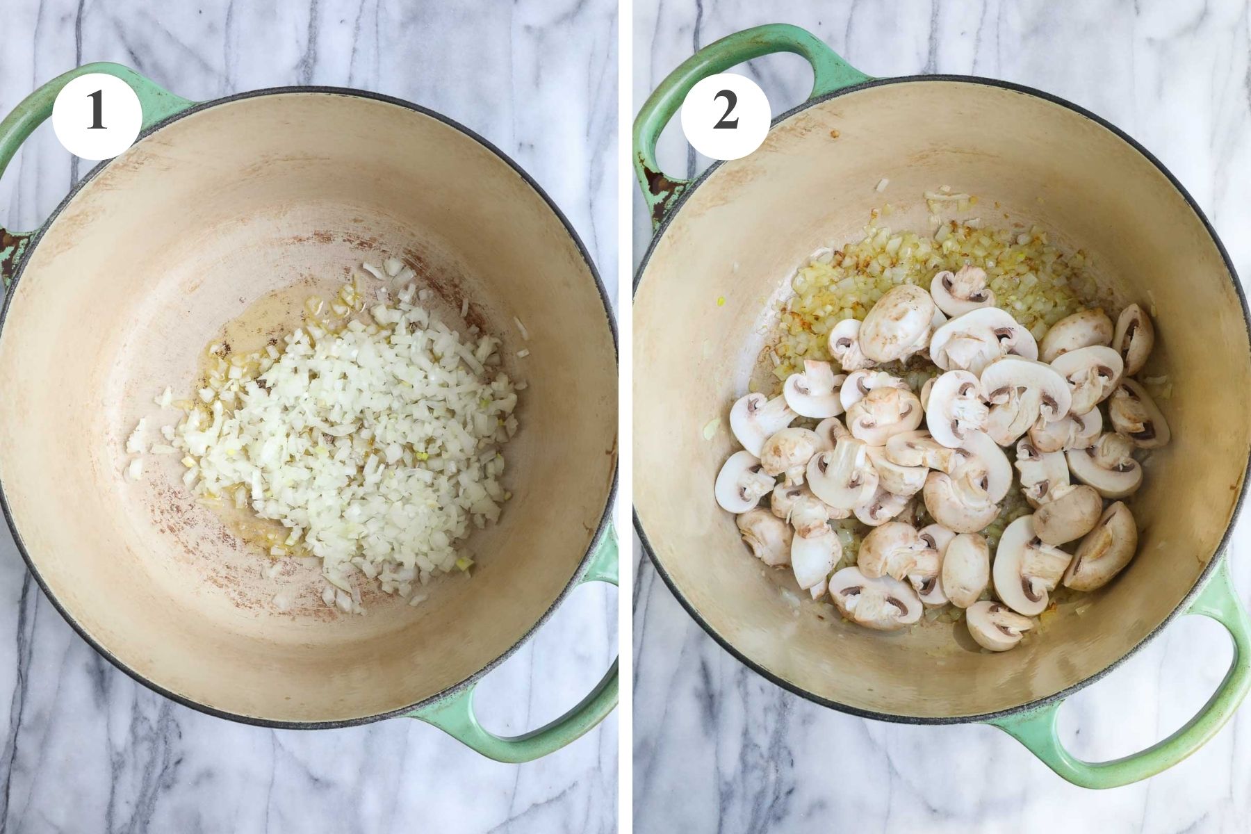 A large Dutch oven with olive oil and diced onion and the Dutch oven after the mushrooms have been added.