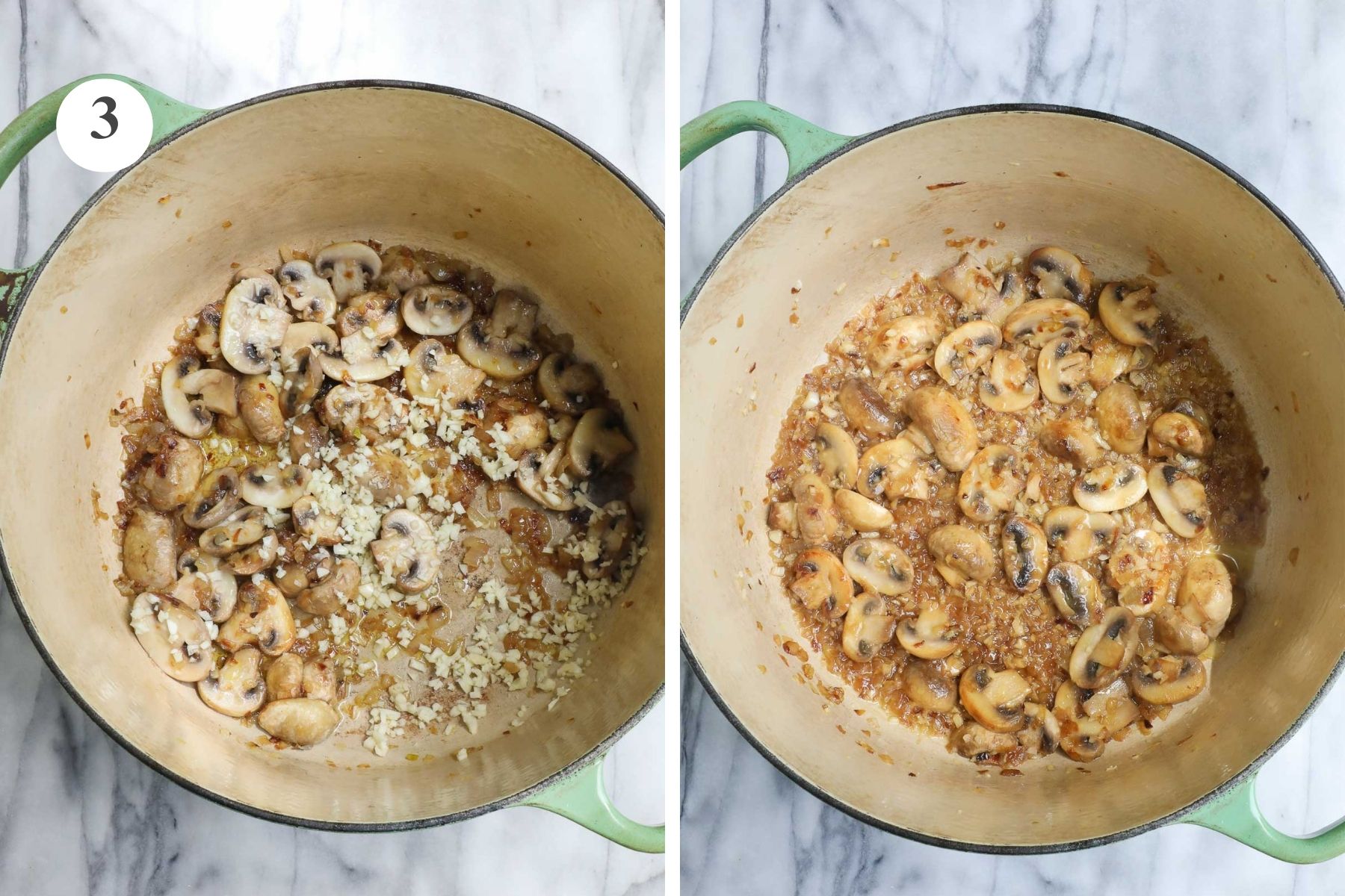The pot after the garlic is added and again after it has cooked for 1-2 minutes with the mushrooms and onions.