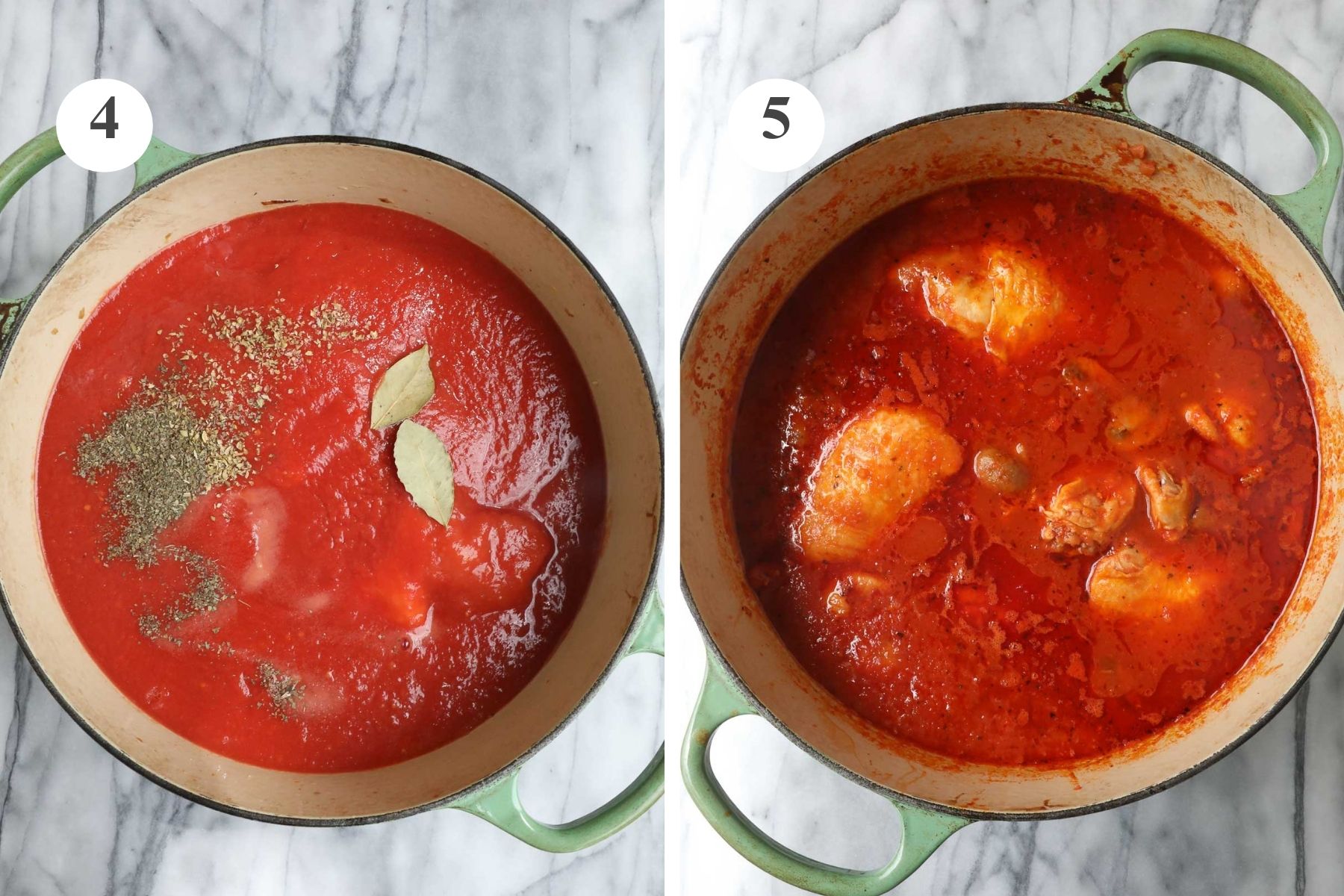 The pot with the pureed tomatoes, whole chicken, and spices added and after it has simmered for an hour.