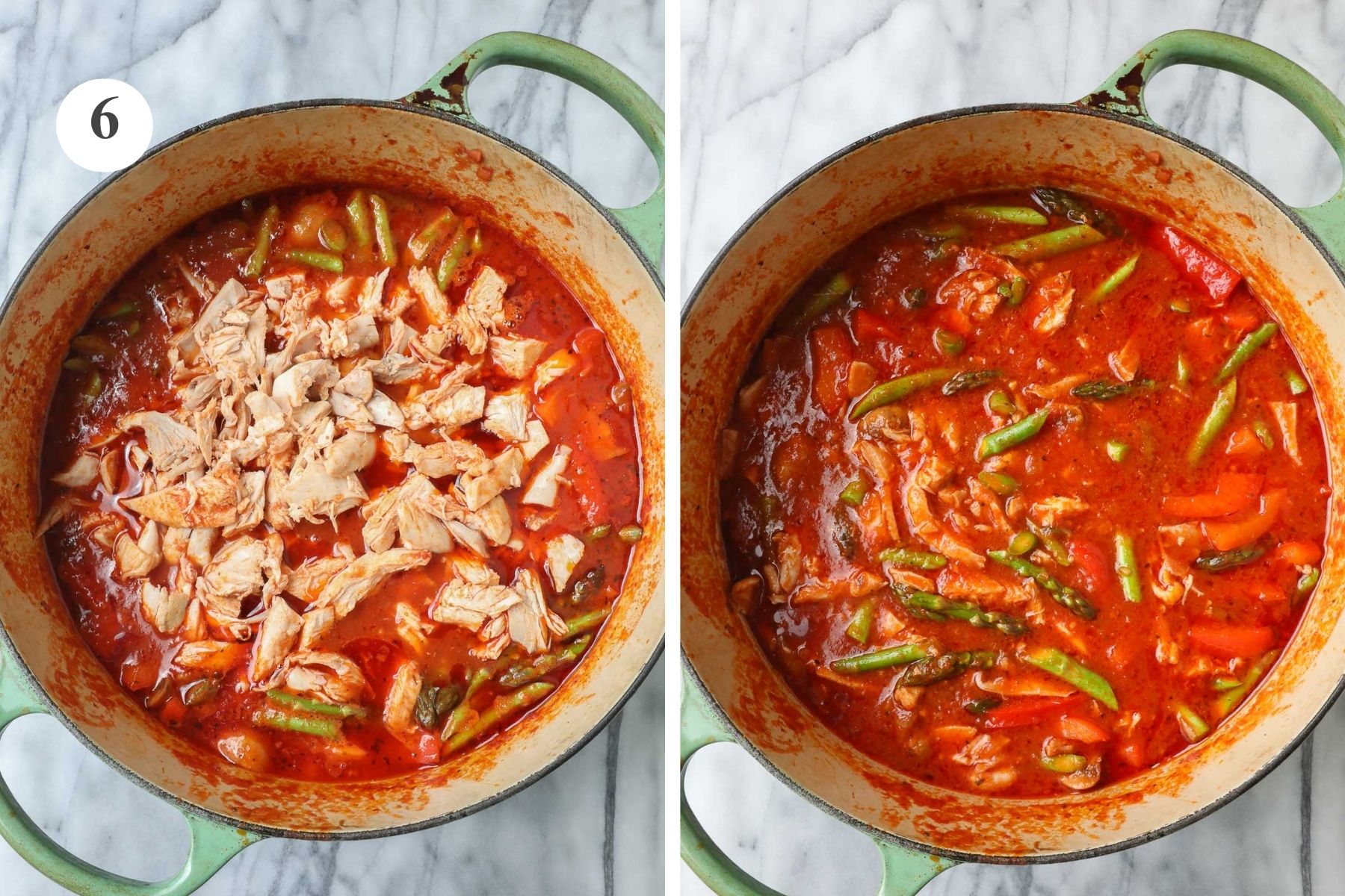 The pot with the red bell peppers, asparagus, and chicken added.