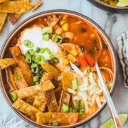 A bowl of Spicy Chicken Tortilla Soup with Monterrey jack cheese, crispy tortilla strips, sour cream, and green onions.