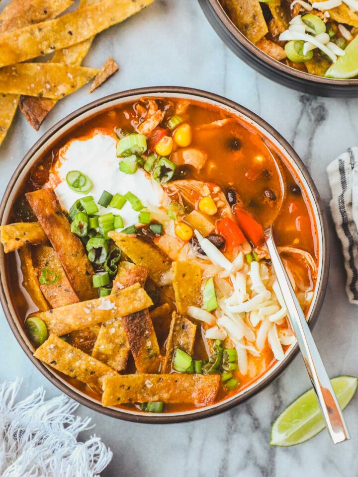 A bowl of Spicy Chicken Tortilla Soup with Monterrey jack cheese, crispy tortilla strips, sour cream, and green onions.