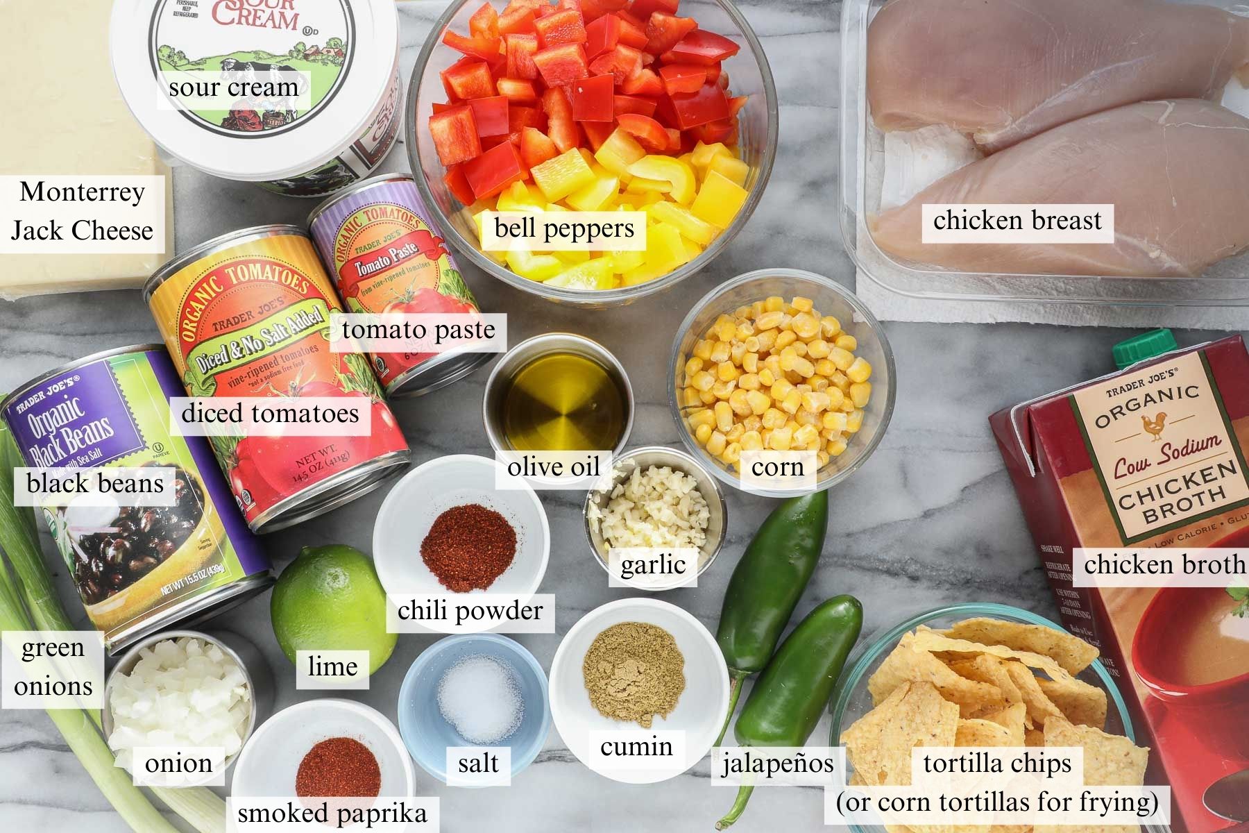 The ingredients needed to make Spicy Chicken Tortilla Soup.