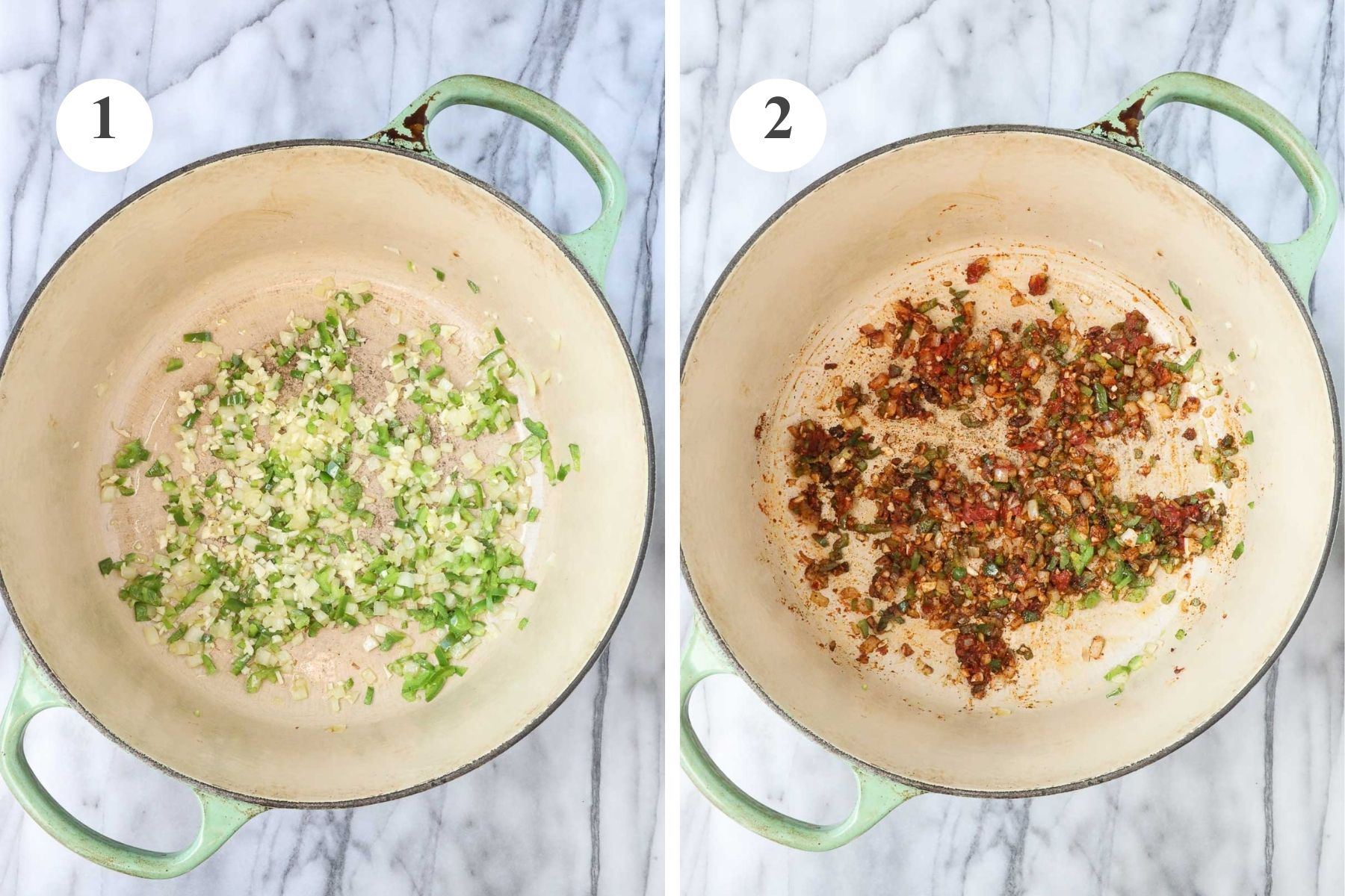 A large Dutch oven with olive oil, onions, and jalapeños, and the Dutch oven after the chili powder, cumin, paprika, and tomato paste have been added.