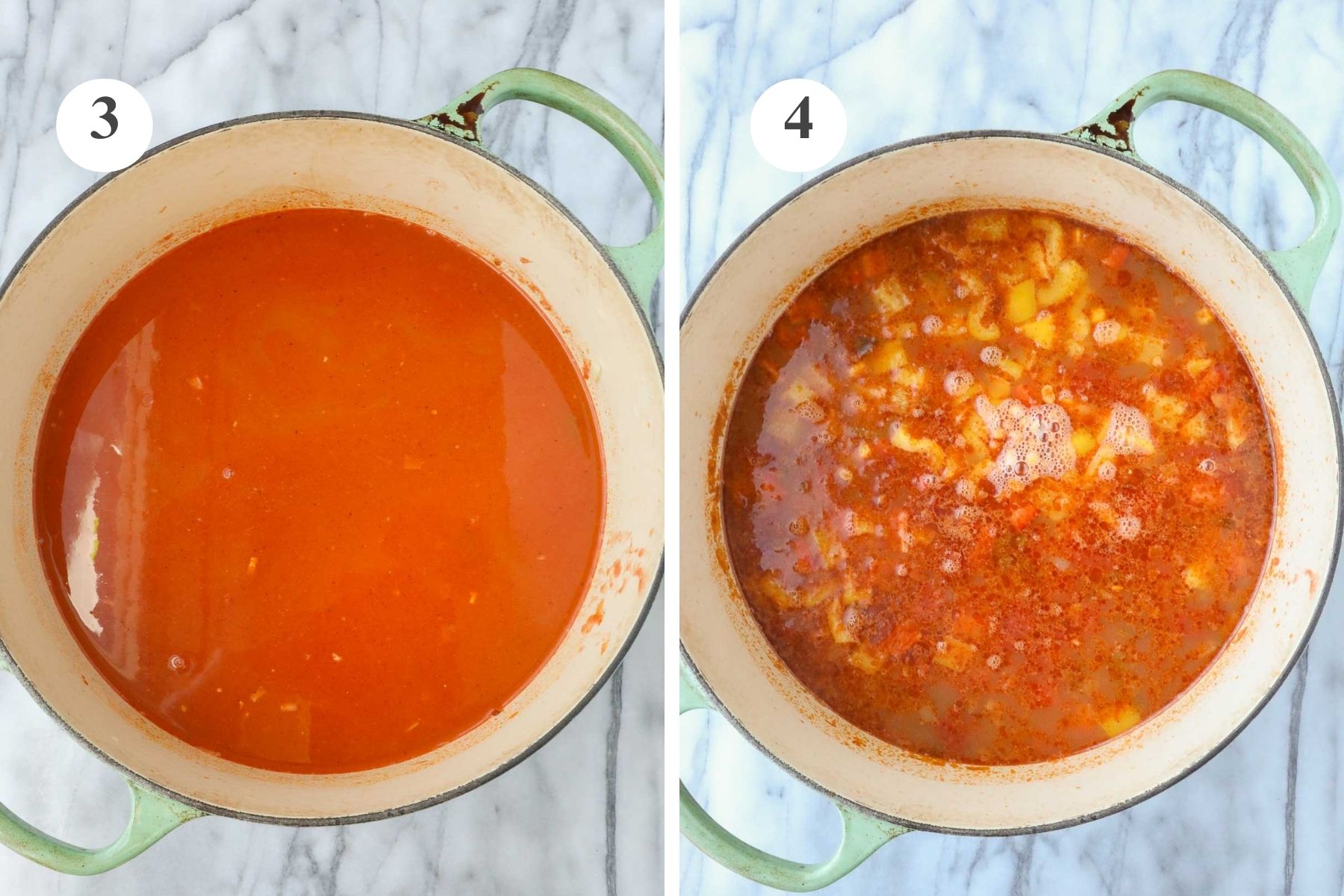 The pot just after removing the chicken, and the pot after adding the corn, beans, and bell peppers.