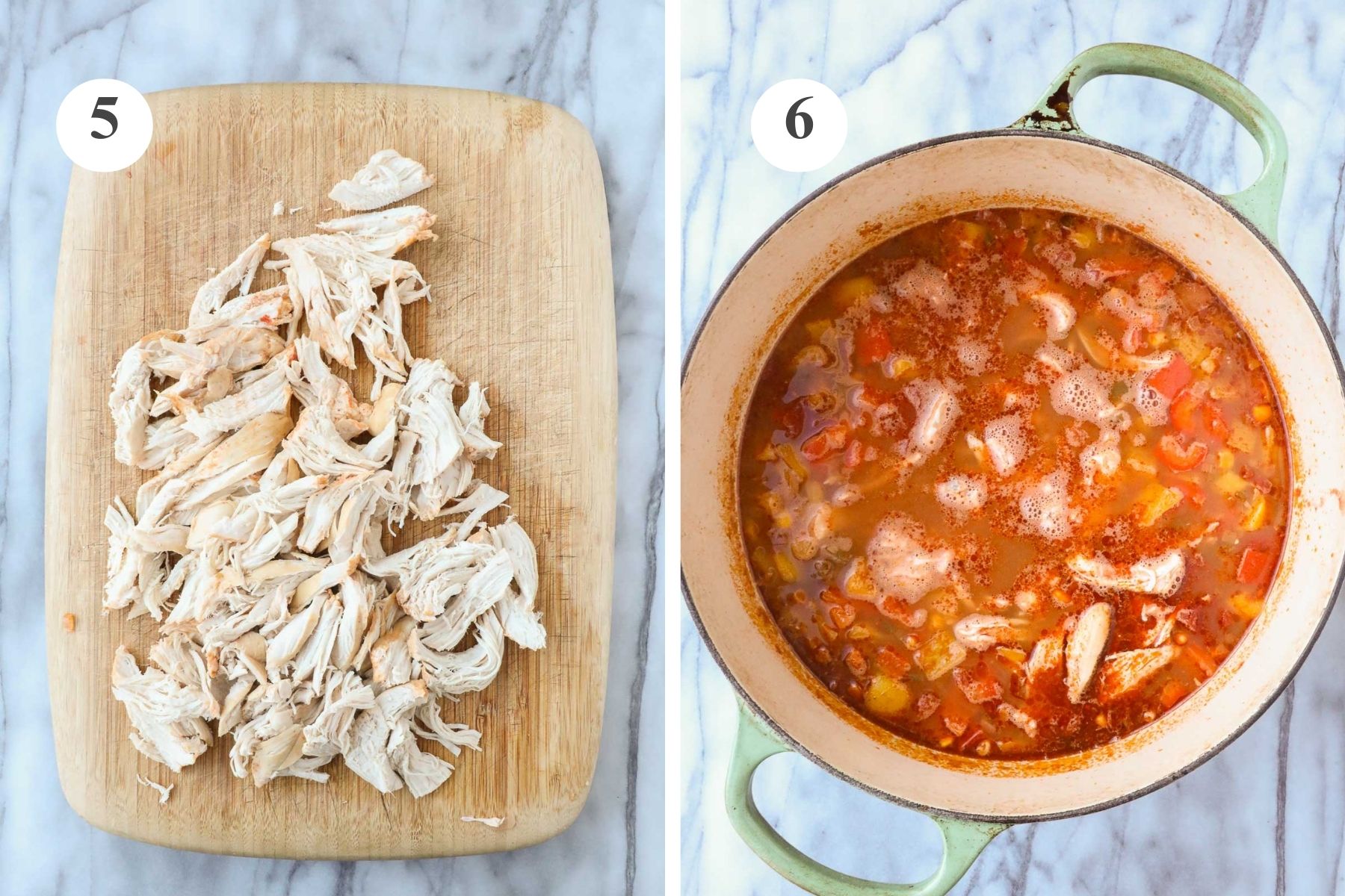 Shredded chicken on a cutting board, and the completed soup in the Dutch oven.