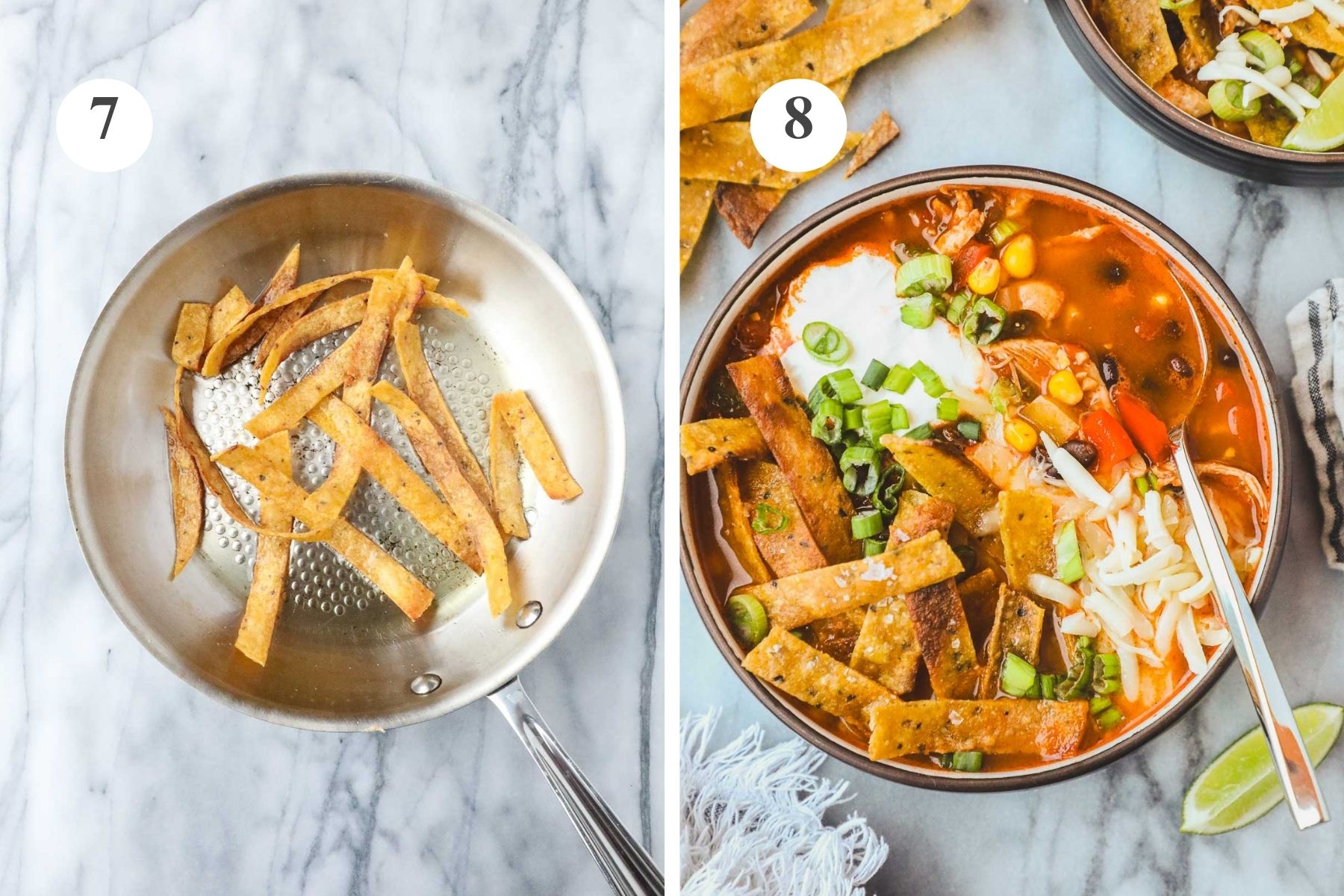 Frying tortilla strips in a sauté pan and the assembled soup in a bowl topped with crispy tortilla strips, sour cream, green onions, and Monterrey Jack cheese.