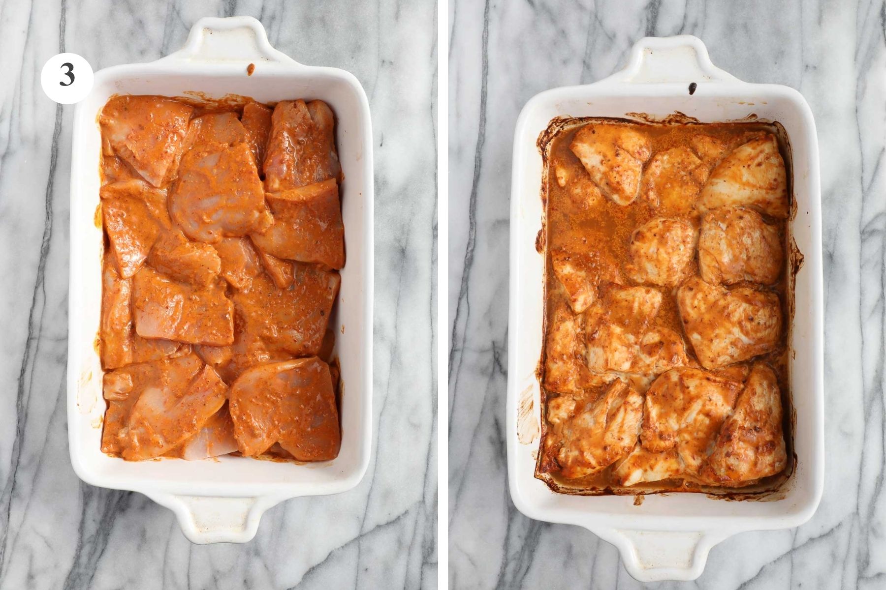 Chicken in chipotle sauce before and after being baked.