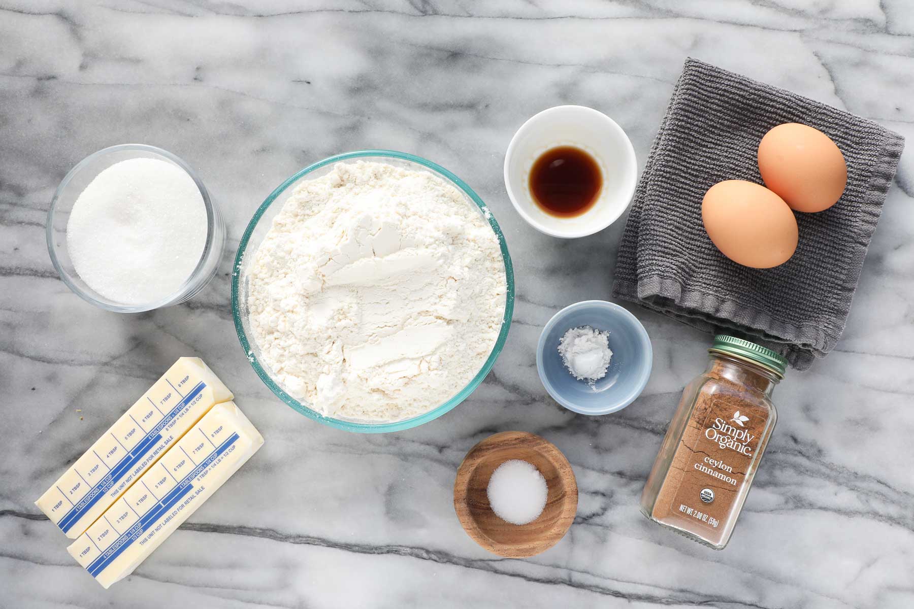 The ingredients needed to make Cinnamon Pinwheel Cookies.