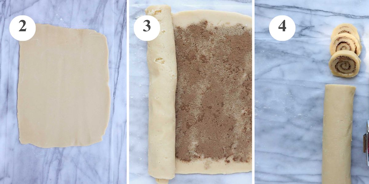 Three steps in the process of rolling the dough: rolled out dough, starting to roll the dough around the cinnamon and sugar, and the log of dough being sliced into rounds.
