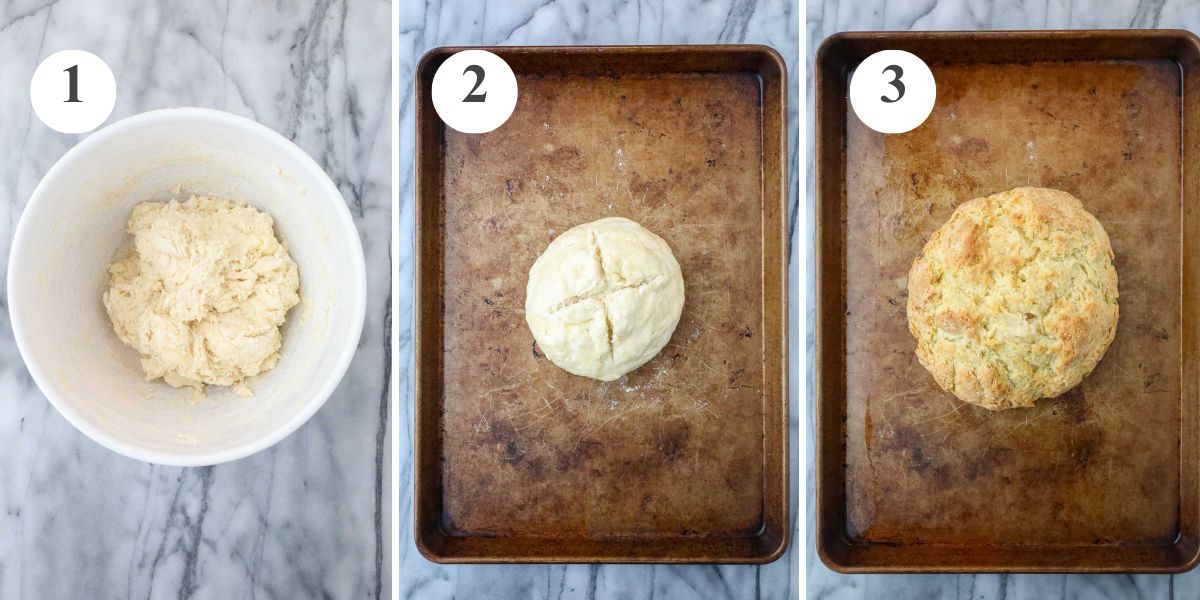 The ingredients needed to make Irish Soda Bread Without Raisins combined in a bowl, and the Irish Soda Bread on a baking sheet before and after being baked in the oven.