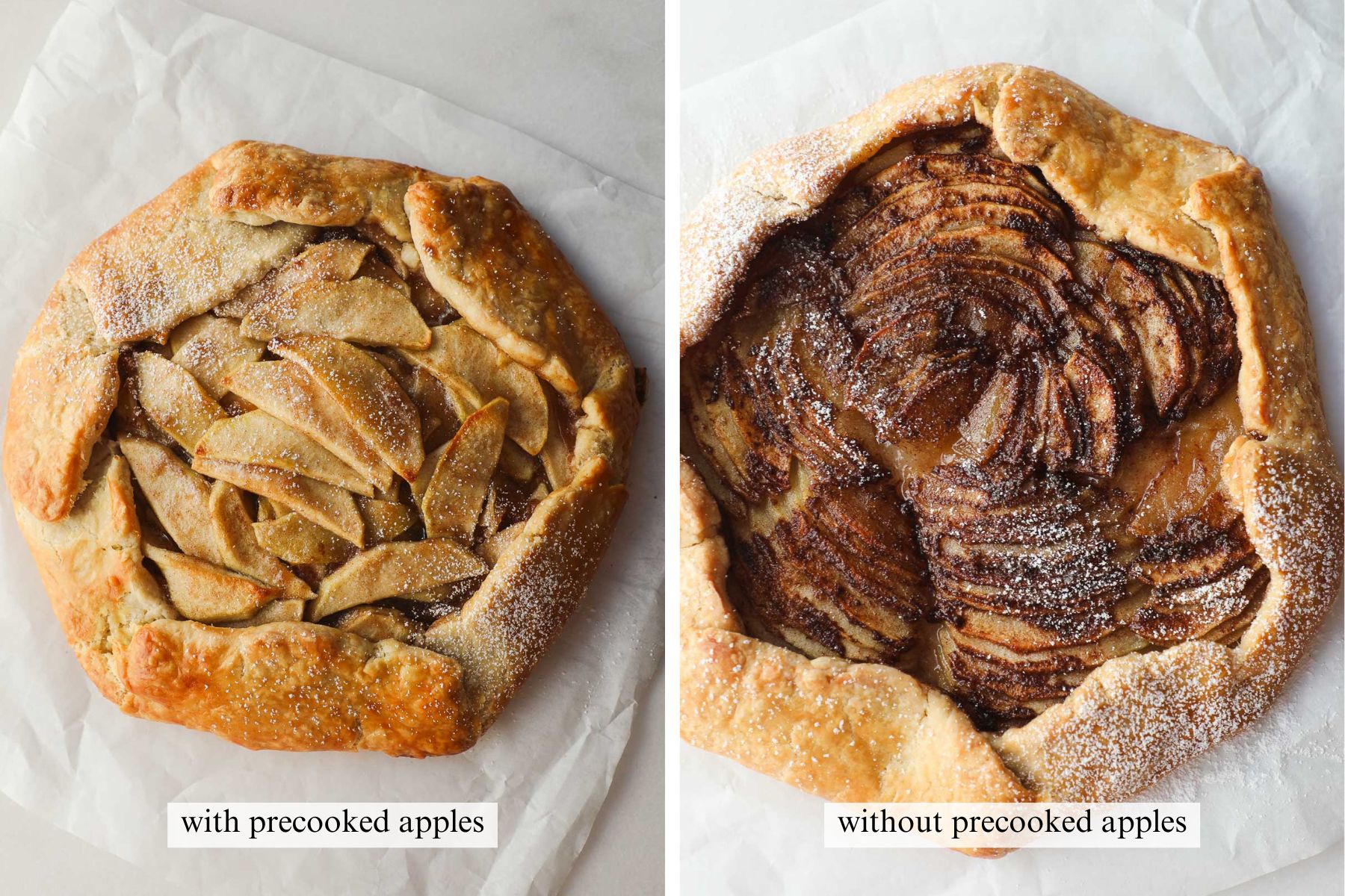 Two apple crostatas side by side one with precooked apples one without.