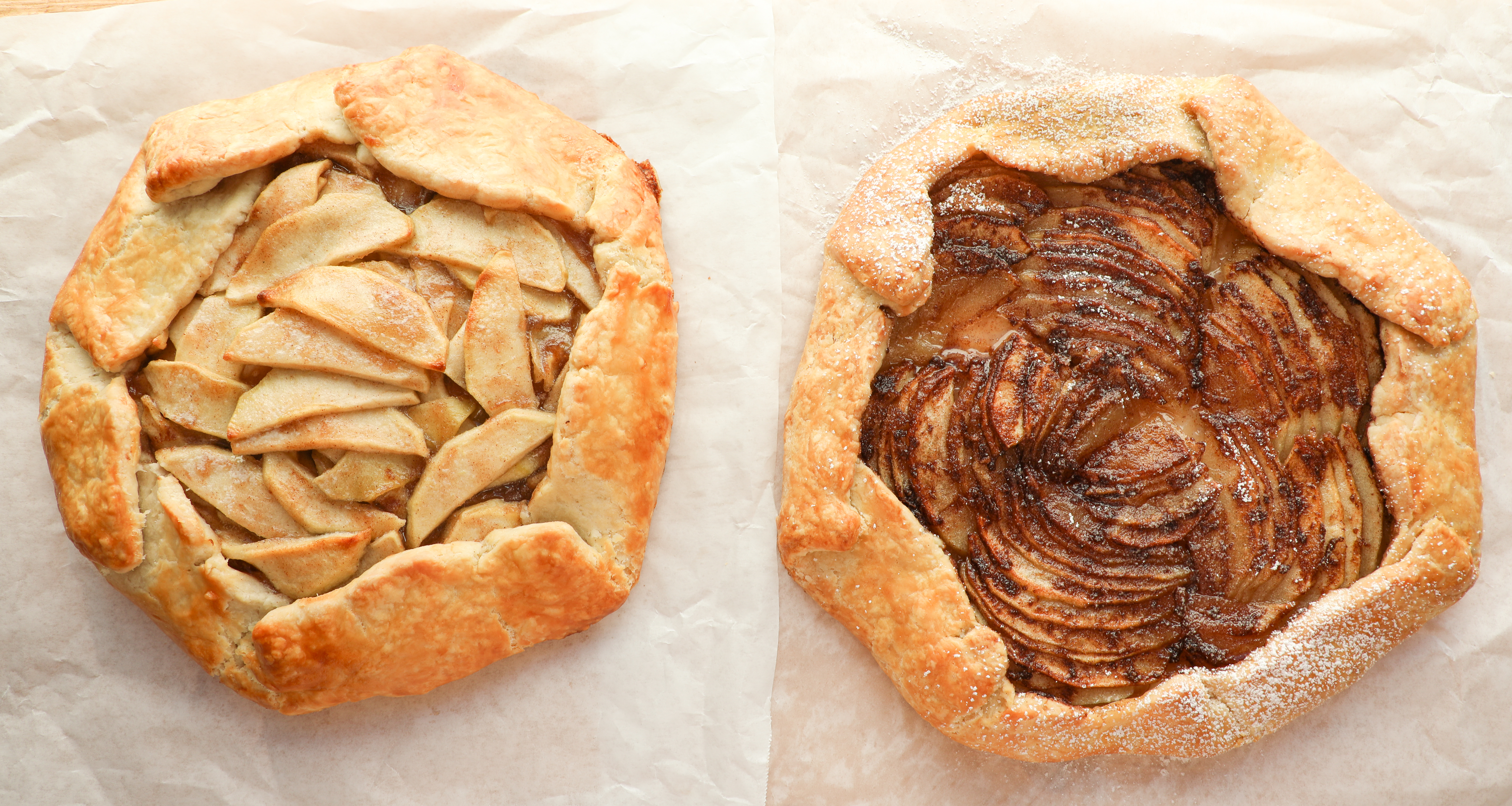 side by side comparison of apple galette withe precooked apples vs. without precooked apples