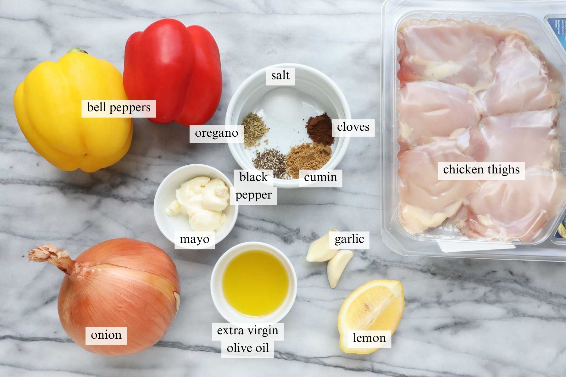 The ingredients needed to make the chicken, peppers, and onions.