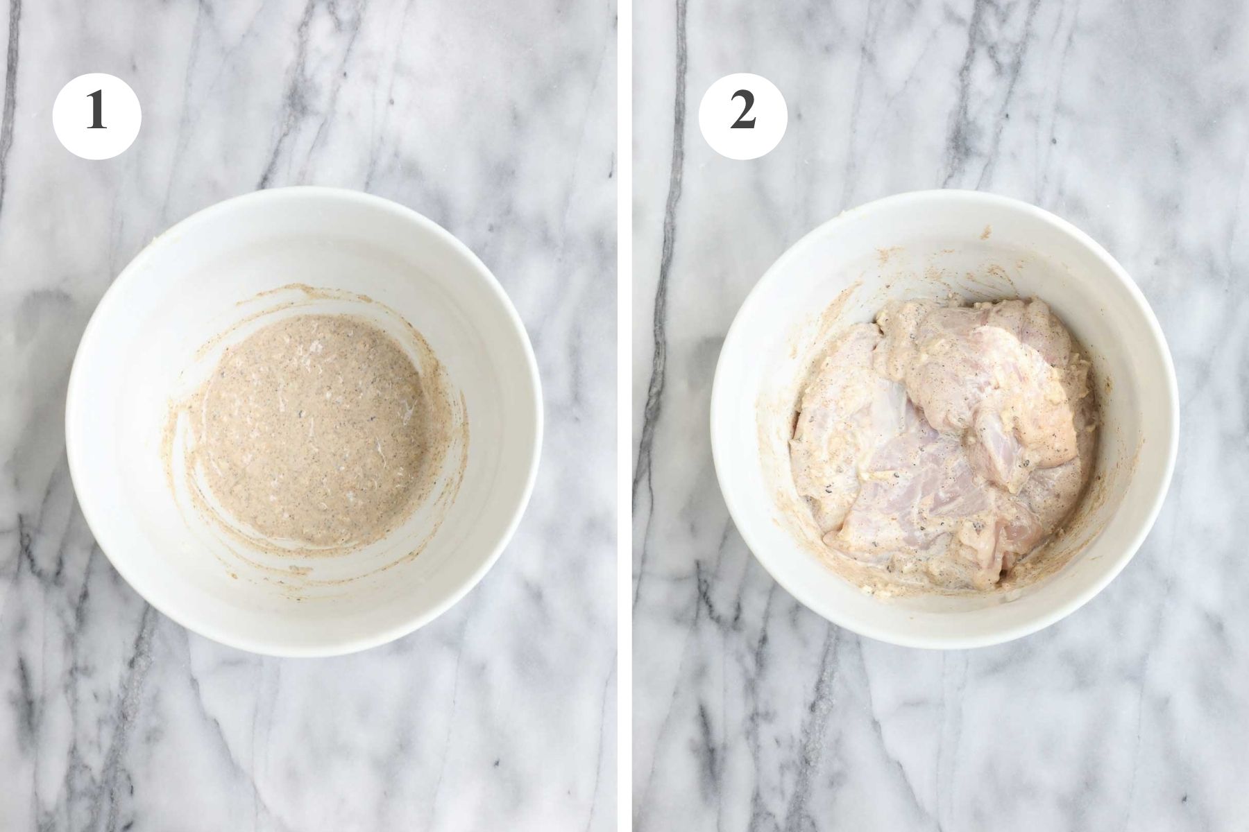 A bowl with the marinade before and after adding the chicken.