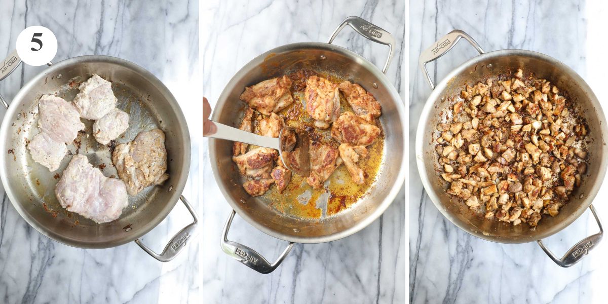 A large sauté pan with the chicken when its first added, as its being chopped, and when it is finished and crispy in the pan.