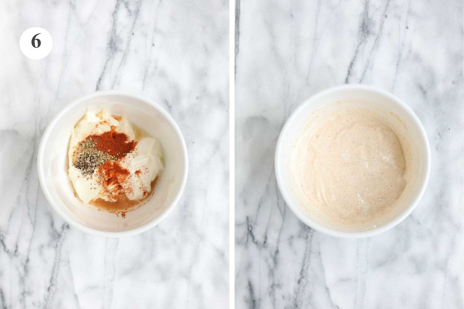 The ingredients for the dipping sauce in a medium bowl before and after being combined.