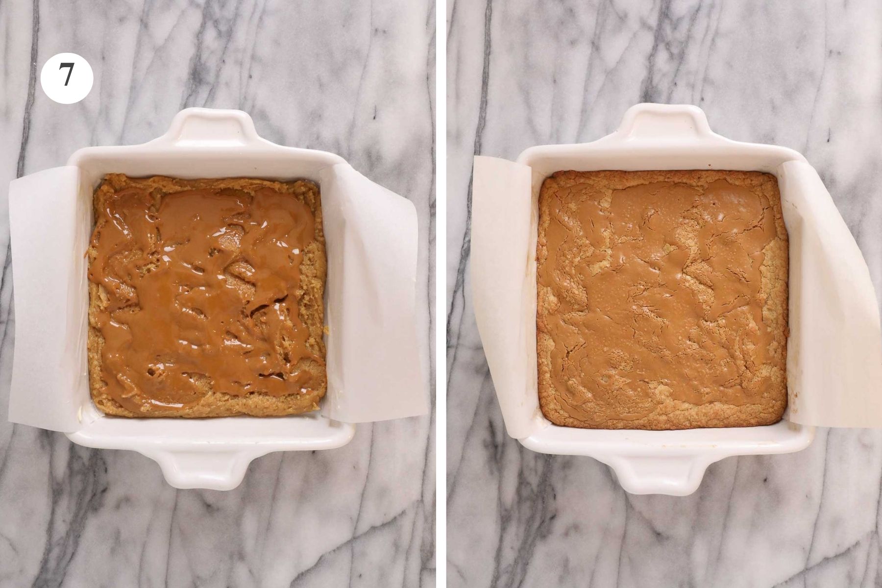 An 8x8 baking dish with the batter pressed into the sides and corners and the dish with the fully baked Biscoff Blondies.