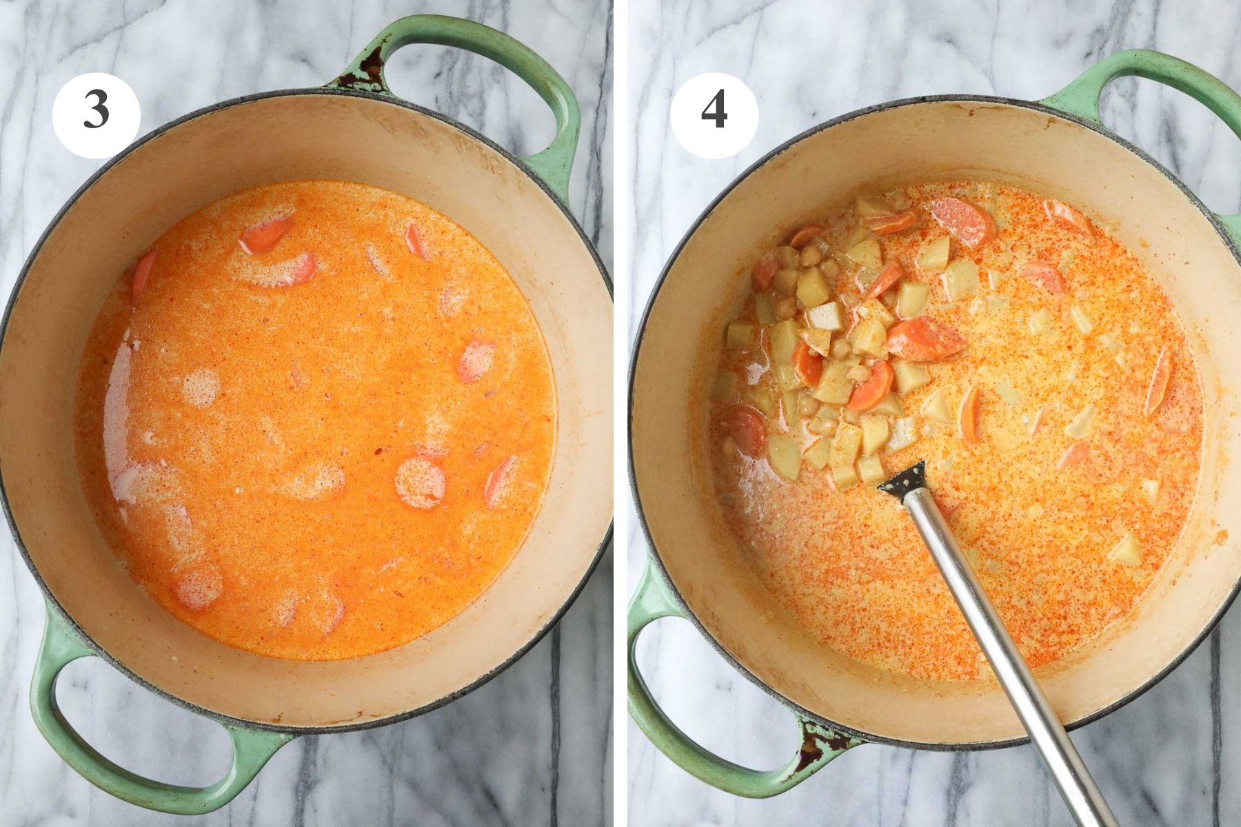 The pot with the coconut milk, chicken broth, soy sauce, carrots, potatoes and chickpeas added.