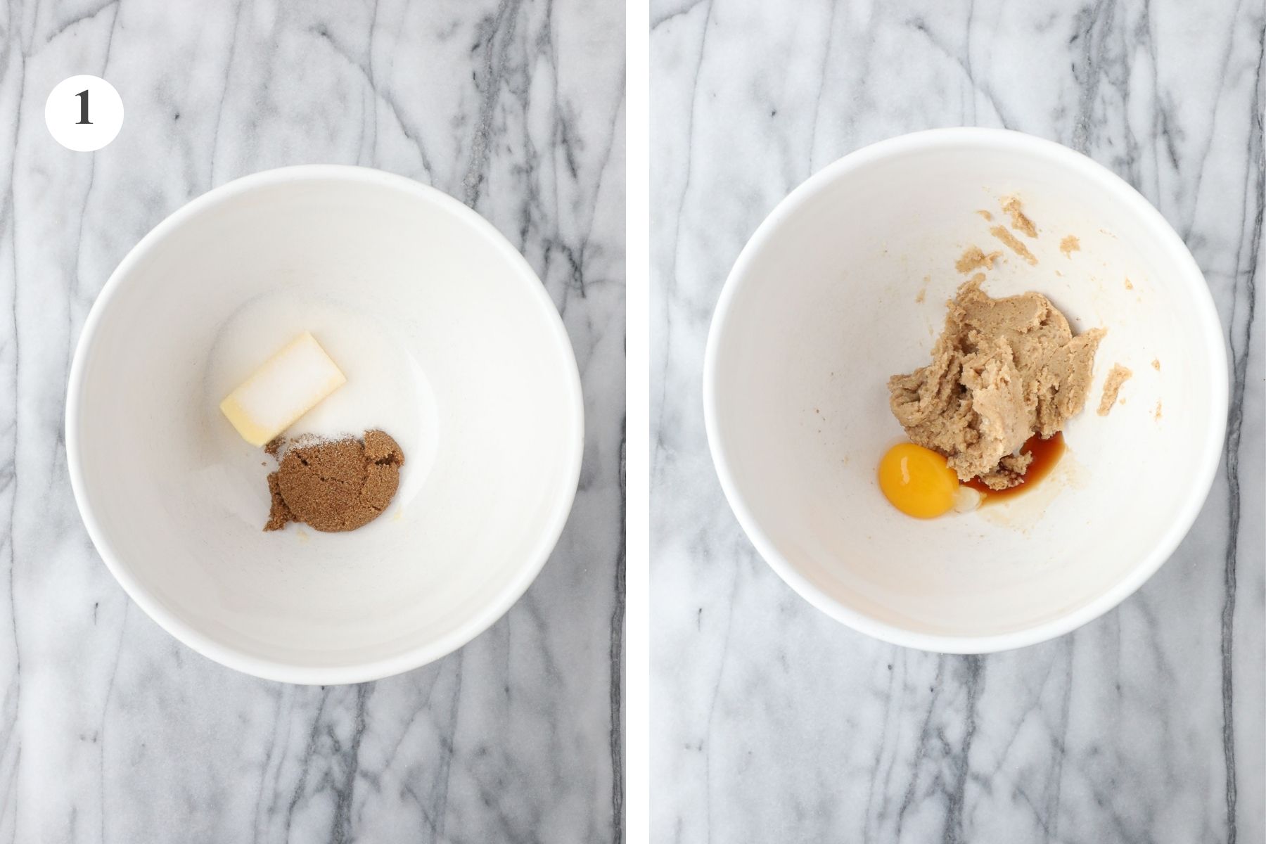 A bowl with butter, brown sugar and granulated sugar, next to a bowl with those ingredients combined plus an egg yolk and vanilla extract.