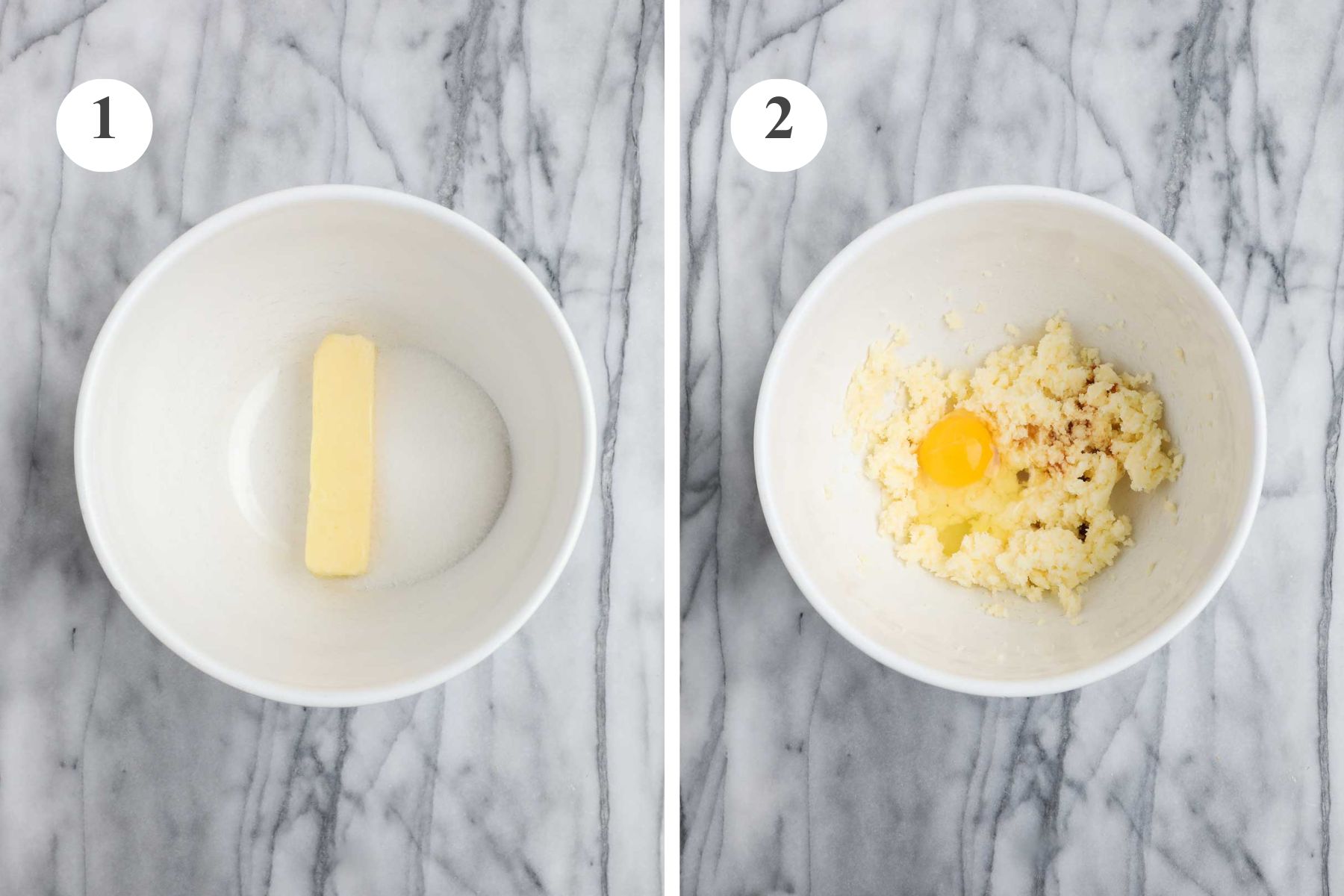 Butter and sugar in a large mixing bowl, and the combined butter and sugar with an egg and vanilla extract added.