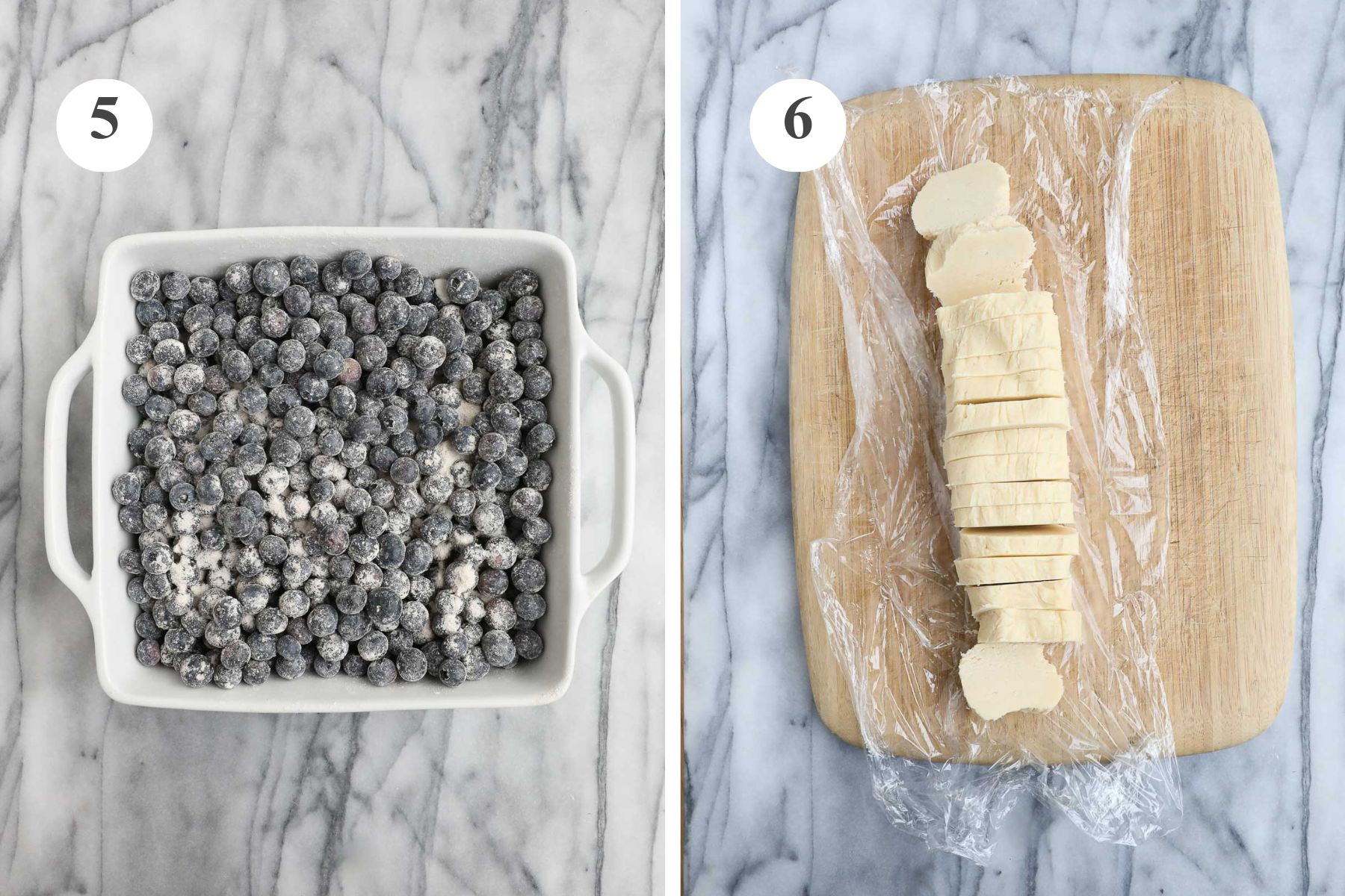 The flour and sugar coated blueberries in a baking dish and the frozen pie topping cut into thick slices.