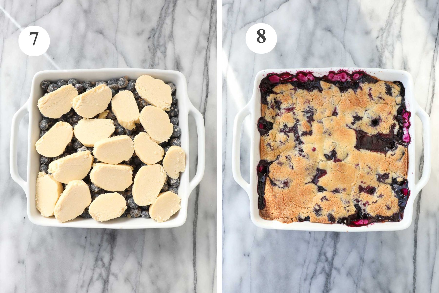 The assembled Swedish Blueberry Pie before and after being baked.