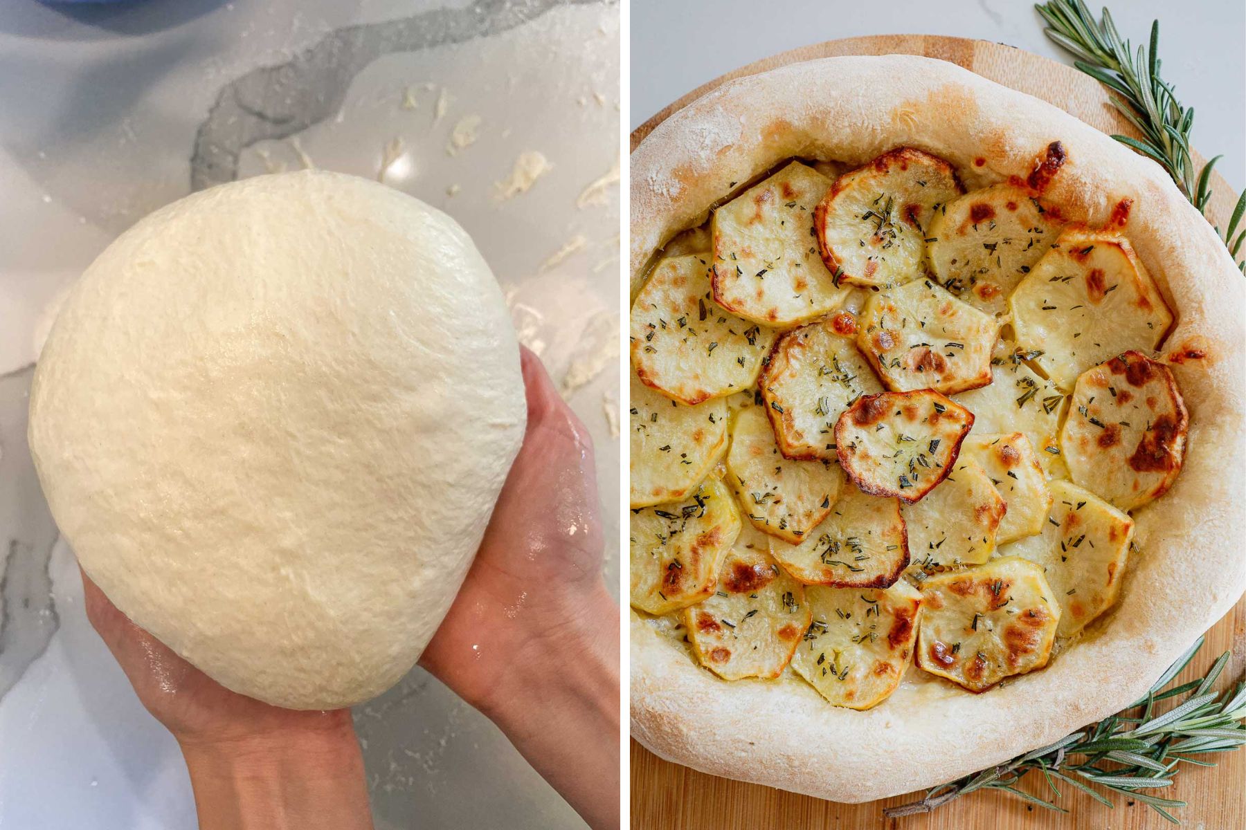 A ball of raw pizza dough and the completed Potato and Rosemary Pizza on a pizza peel.