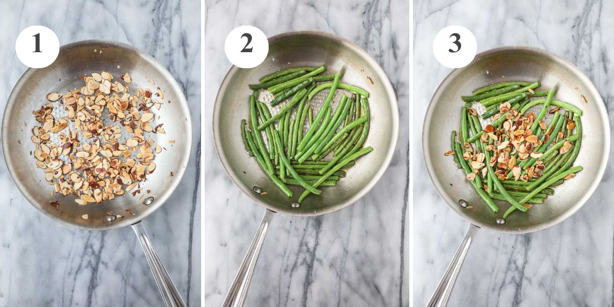 A sauté pan with toasted almonds, the pan with the sautéed green beans, and the pan with the green beans topped with the toasted almonds, lemon juice, and salt.