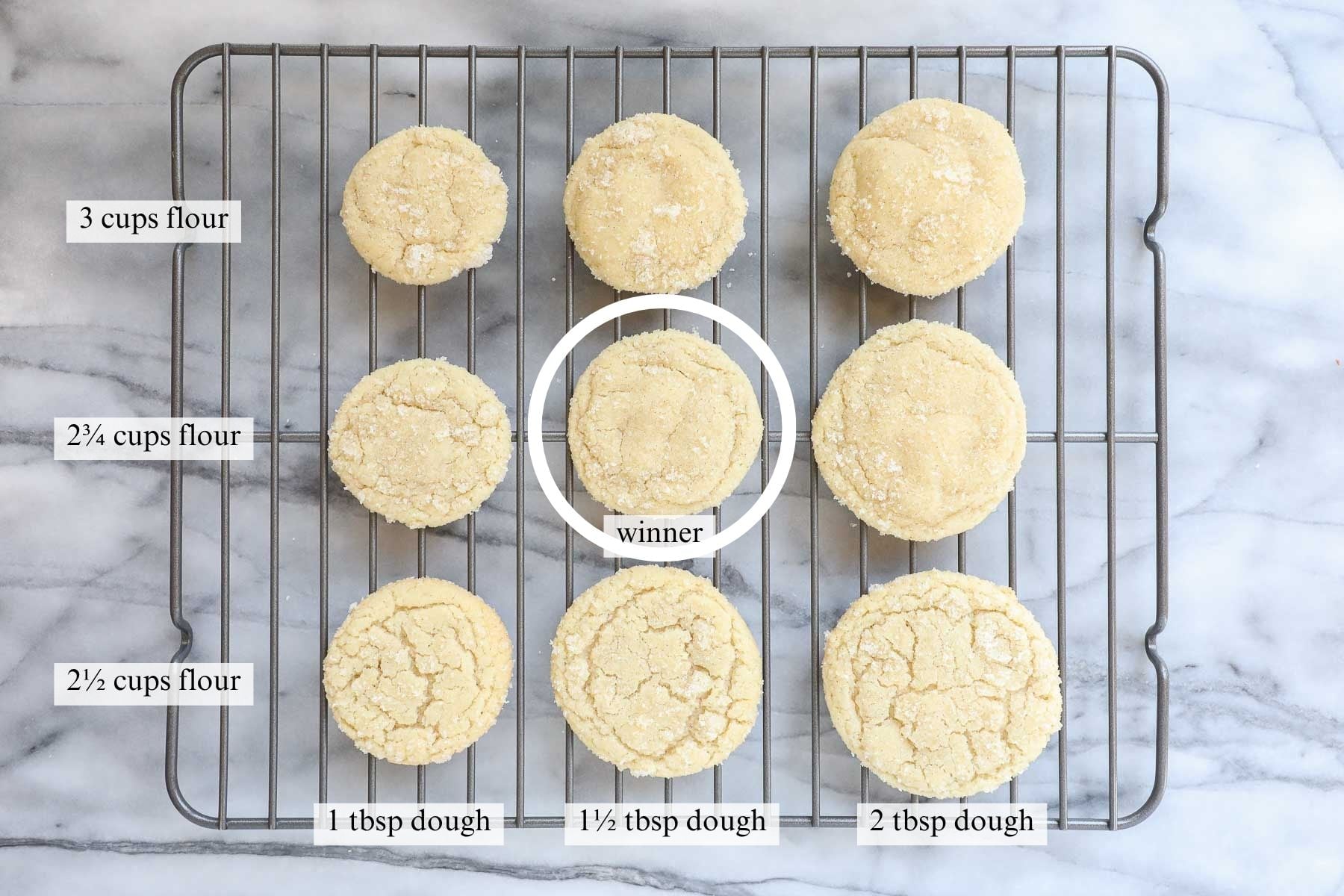An array of 9 vanilla bean cookies showing variation in size and thickness while recipe testing.