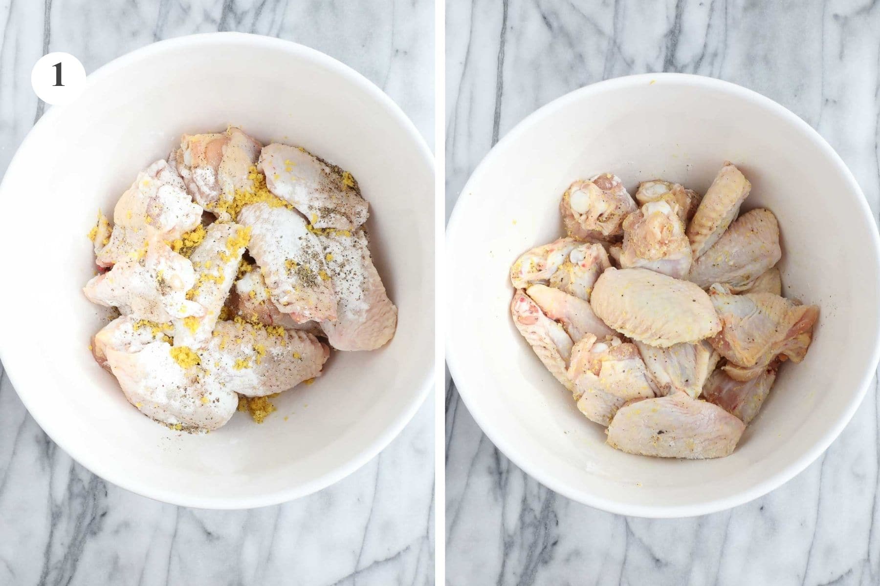 Raw chicken wings covered in a dry lemon pepper rub in a large white bowl.