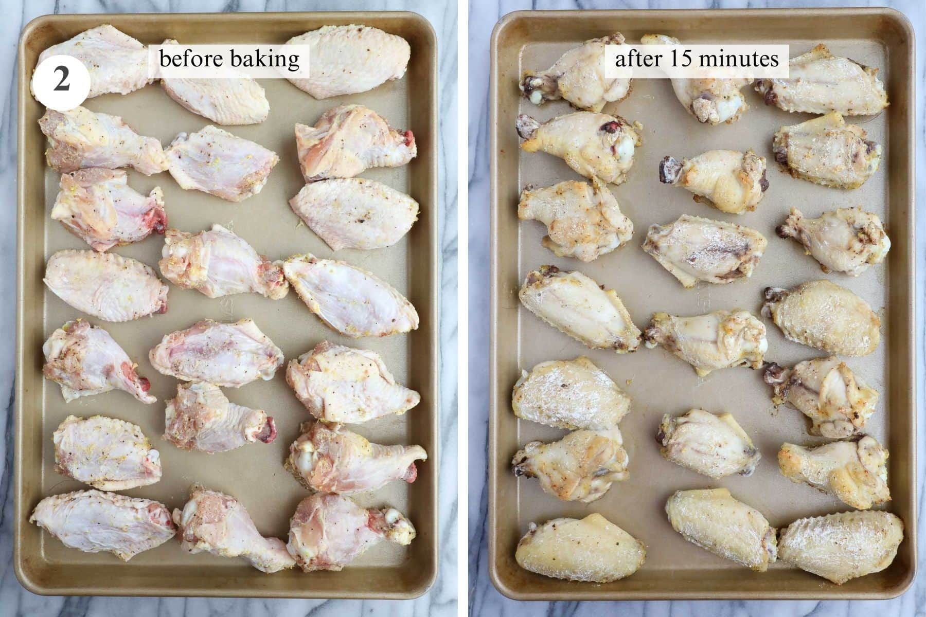 Wings before being baked and wings after being baked for 15 minutes.