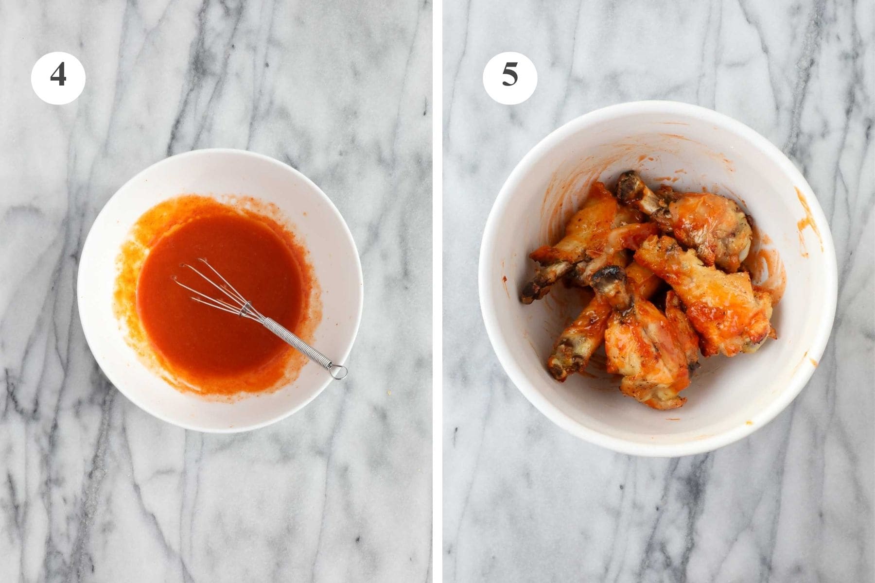 Hot honey sauce in a bowl and a bowl with wings tossed in the hot honey sauce.