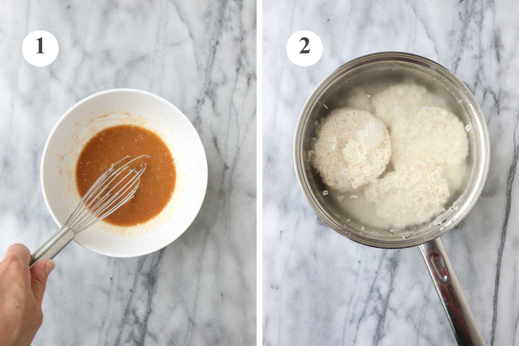 The combined miso, butter, soy sauce mixture in a bowl and the ramen noodles steeping in boiling water.
