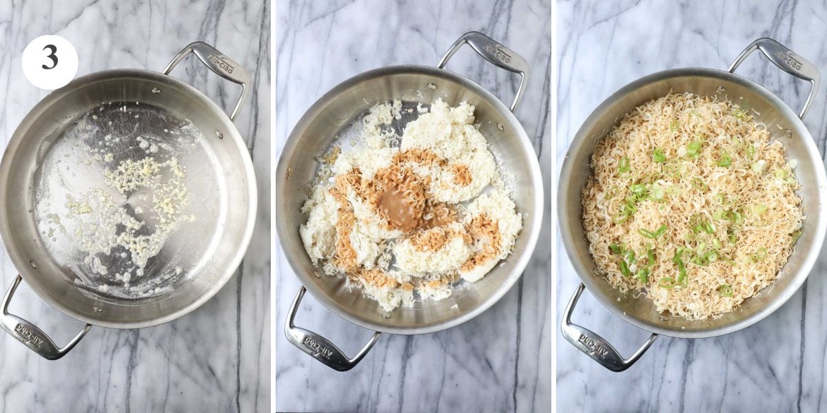 Garlic in a large sauté pan, the pan after the noodles are added, and after it is all combined with the sauce with the green onions on top.