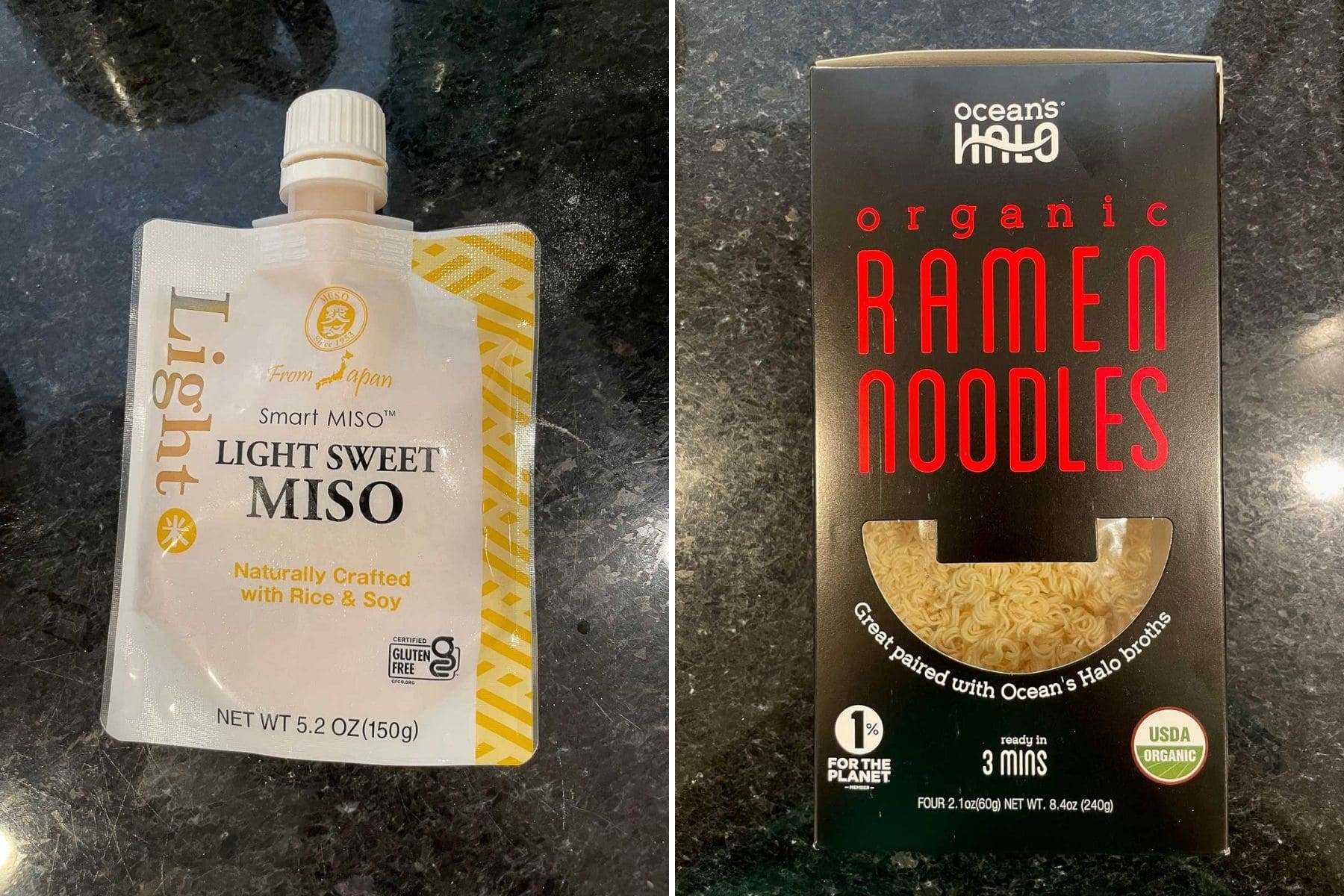 The packaging for the white miso and the ramen noodles.