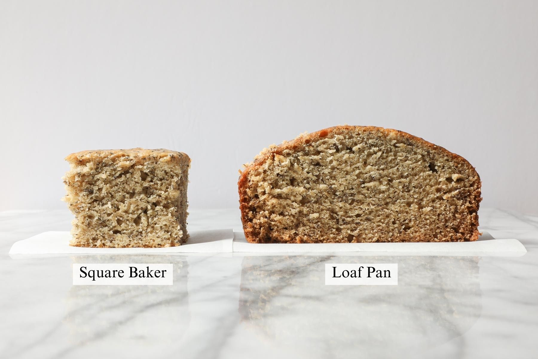 A side by side comparison of slice of banana bread from a square baker and a cross section of banana bread from a loaf pan.