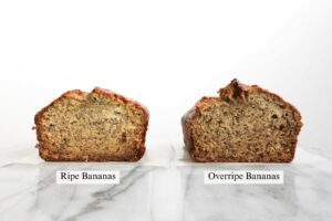Comparison of a loaf of banana bread made with ripe bananas vs a loaf made with overripe bananas.