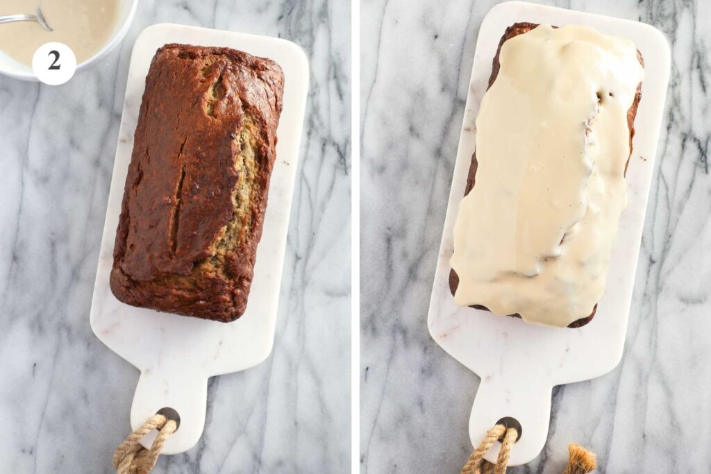Banana Bread on a white serving board. Next to photo of the same banana bread with maple glaze spread on top.