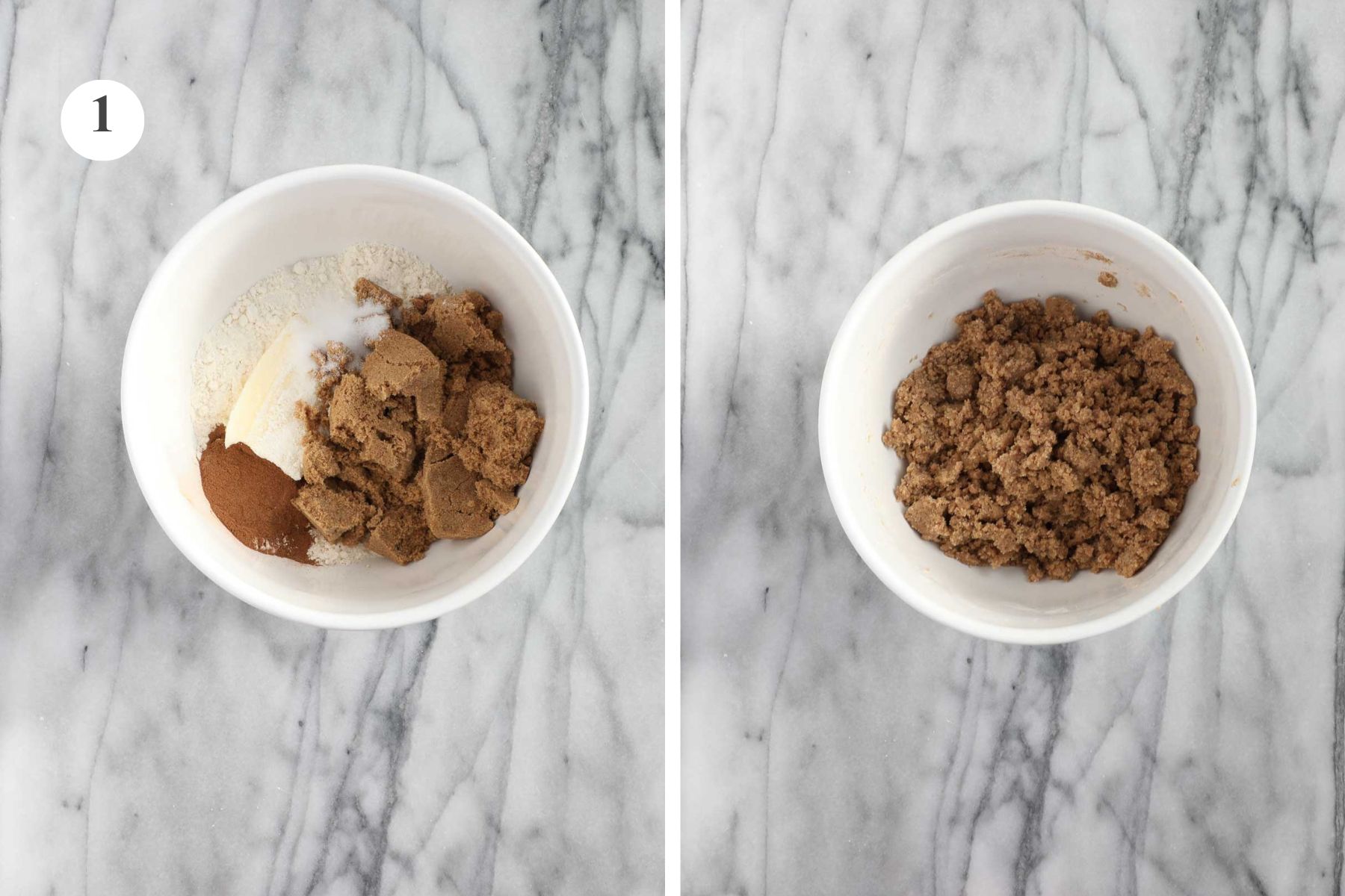 A bowl with the streusel topping before and after being combined to form crumbs of various sizes.