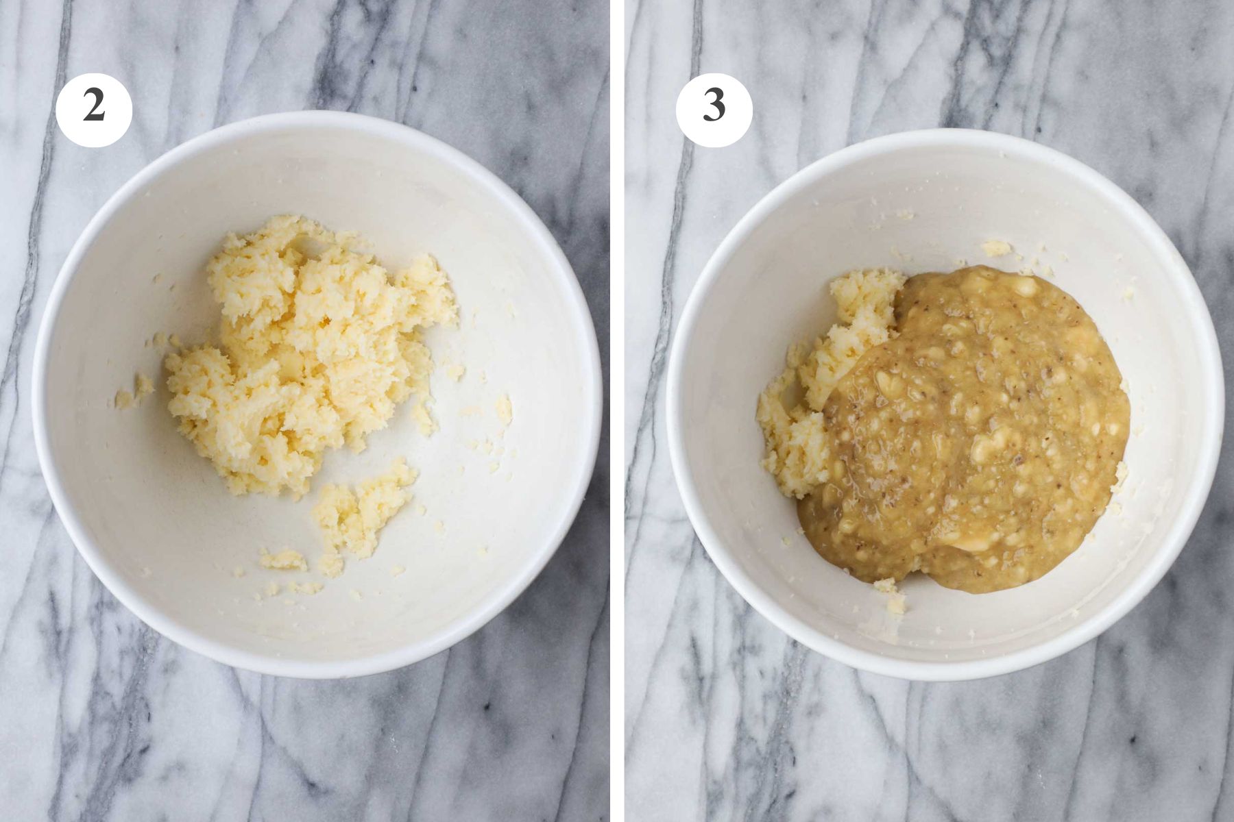 A large bowl with creamed butter and sugar and the bowl with mashed bananas added.