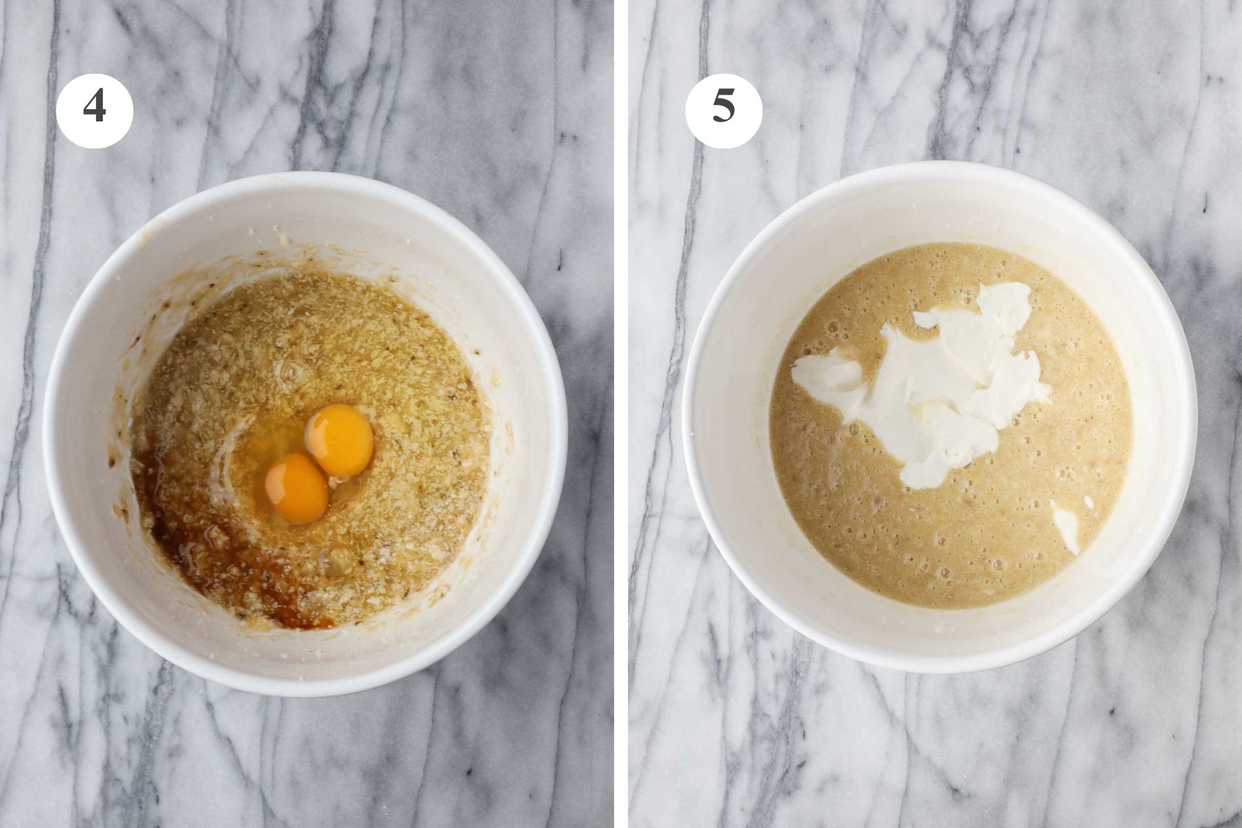 The banana bread batter with the eggs and vanilla, and the batter after the sour cream has been added.