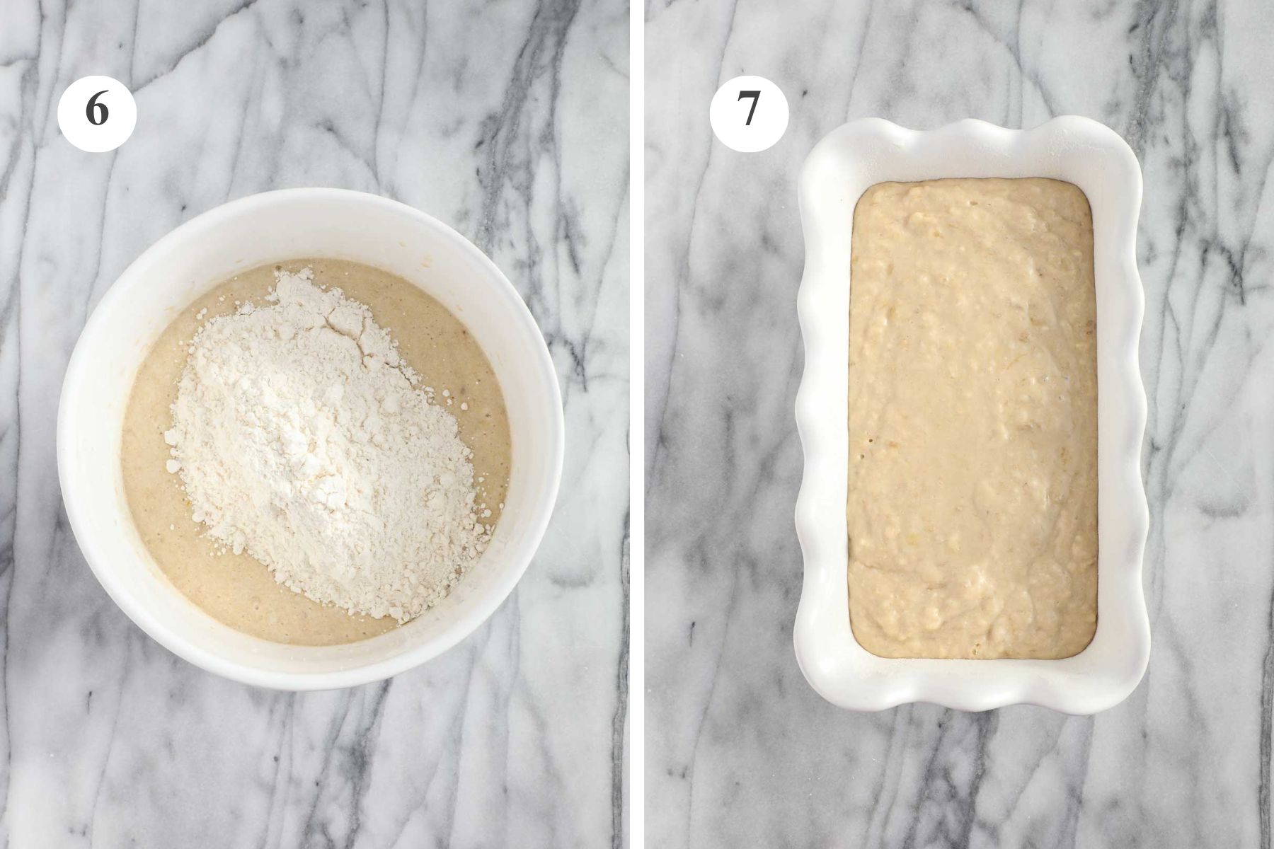 The bowl with the batter after the dry ingredients have been added, and the batter poured into a greased and floured 9x5 loaf pan.