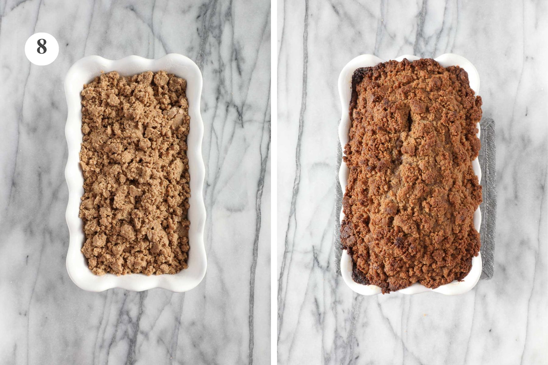 The Banana Bread with Streusel Topping before and after being baked in the oven.