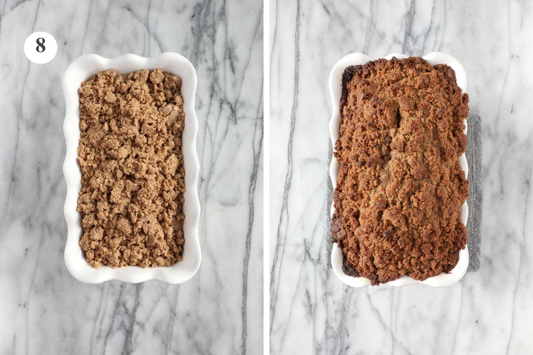 Not yet baked loaf of banana bread with streusel topping, next to the same banana bread straight out of the oven.